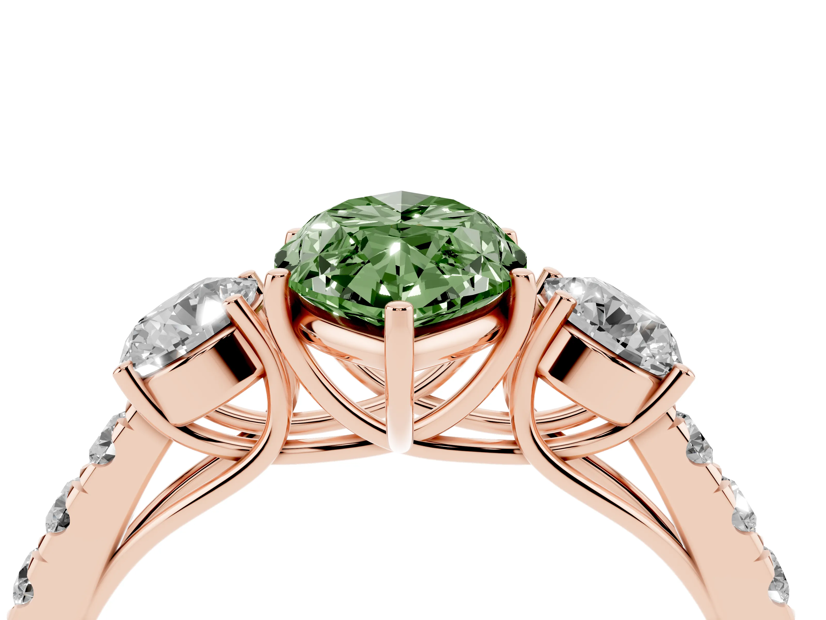 Fancy Green Marquise Cut Diamond Three-Stone Ring Set in Rose gold with Round Side Stones and Delicate Pavé Band