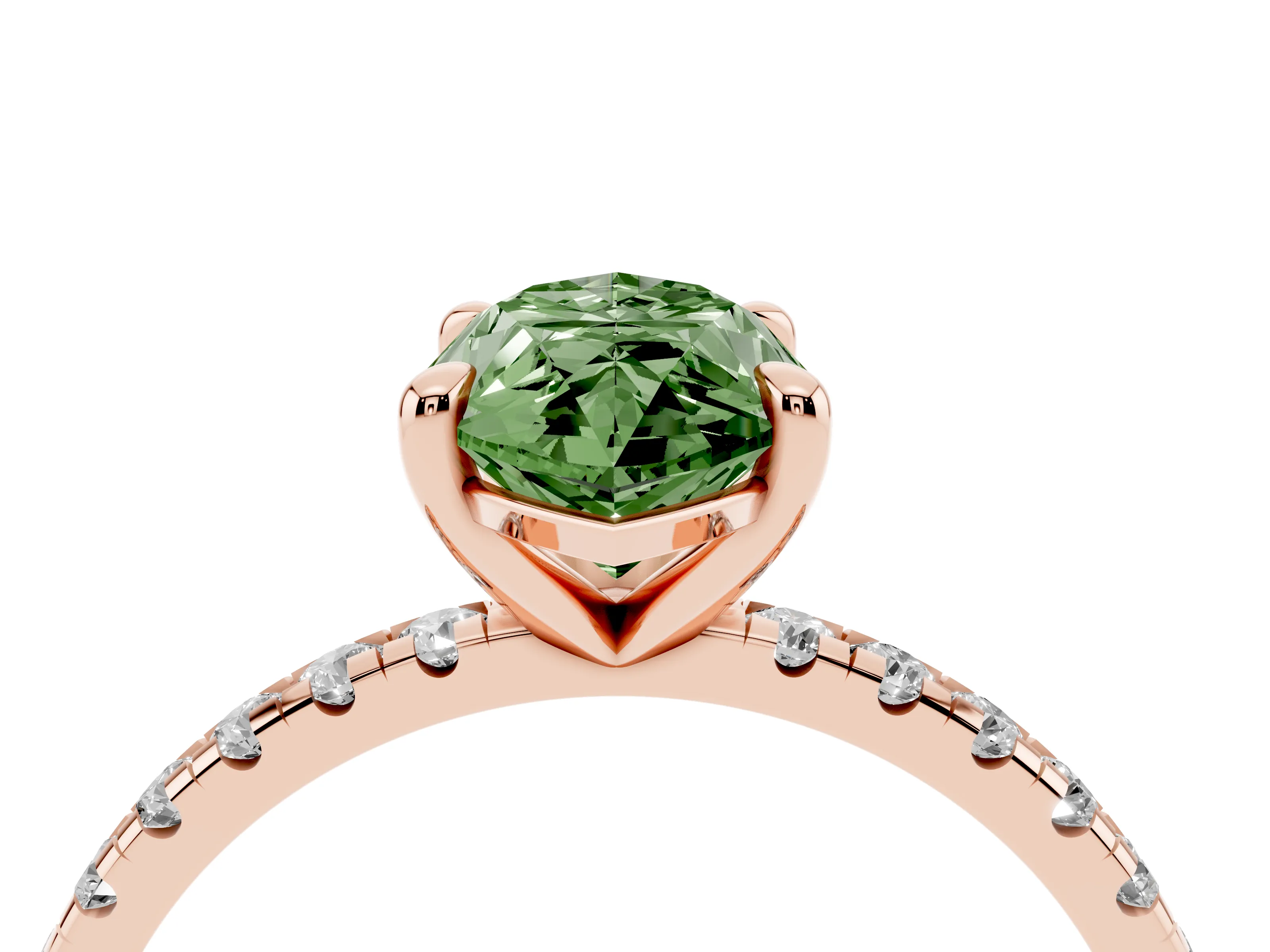 Fancy Green Marquise Cut Diamond Brilliant Solitaire Ring Set in Rose gold with Pavé Band and Prong Setting