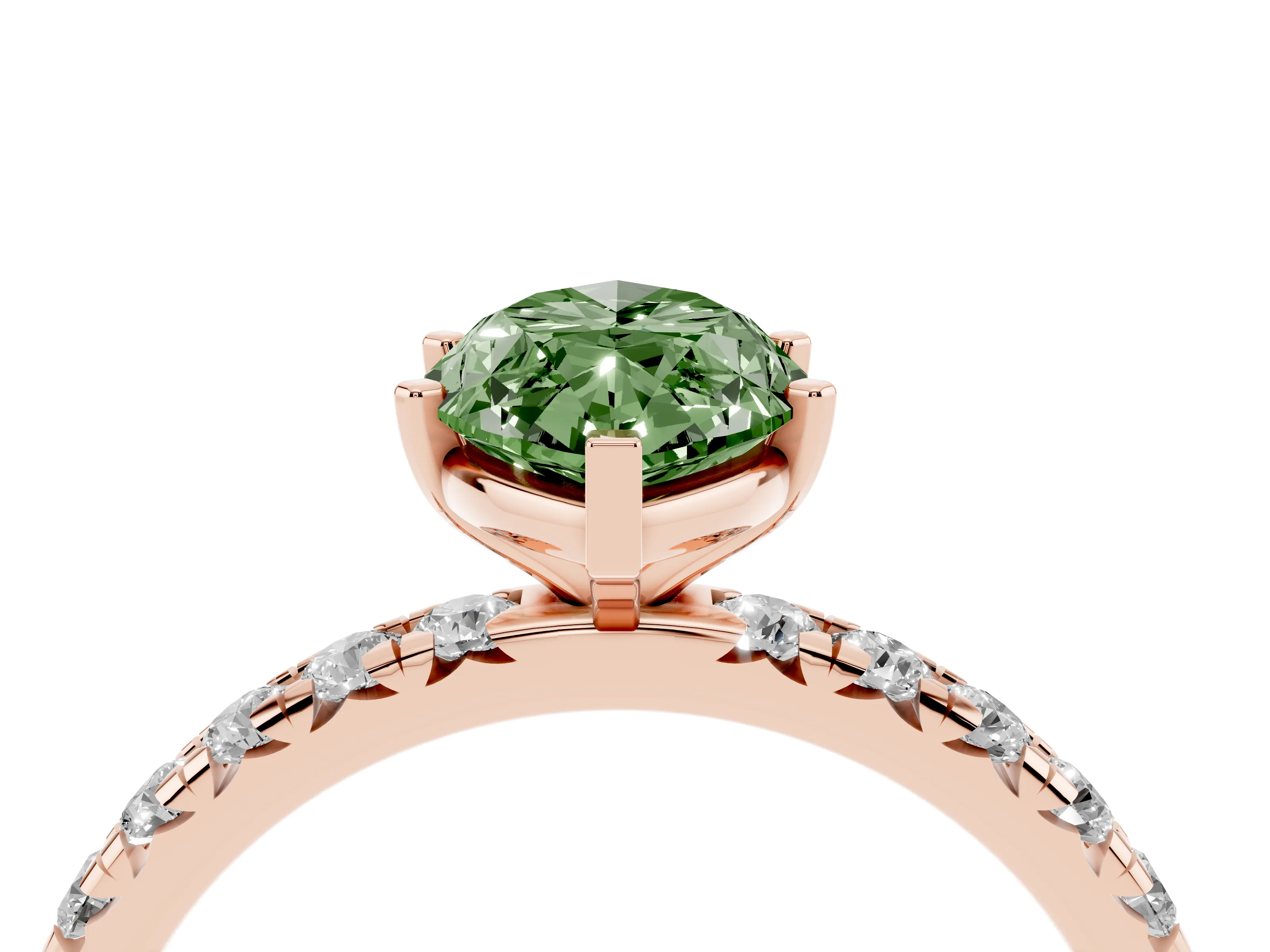 Fancy Green Marquise Cut Diamond Pavé Solitaire Ring Set in Rose gold with Round Band and Prong Setting