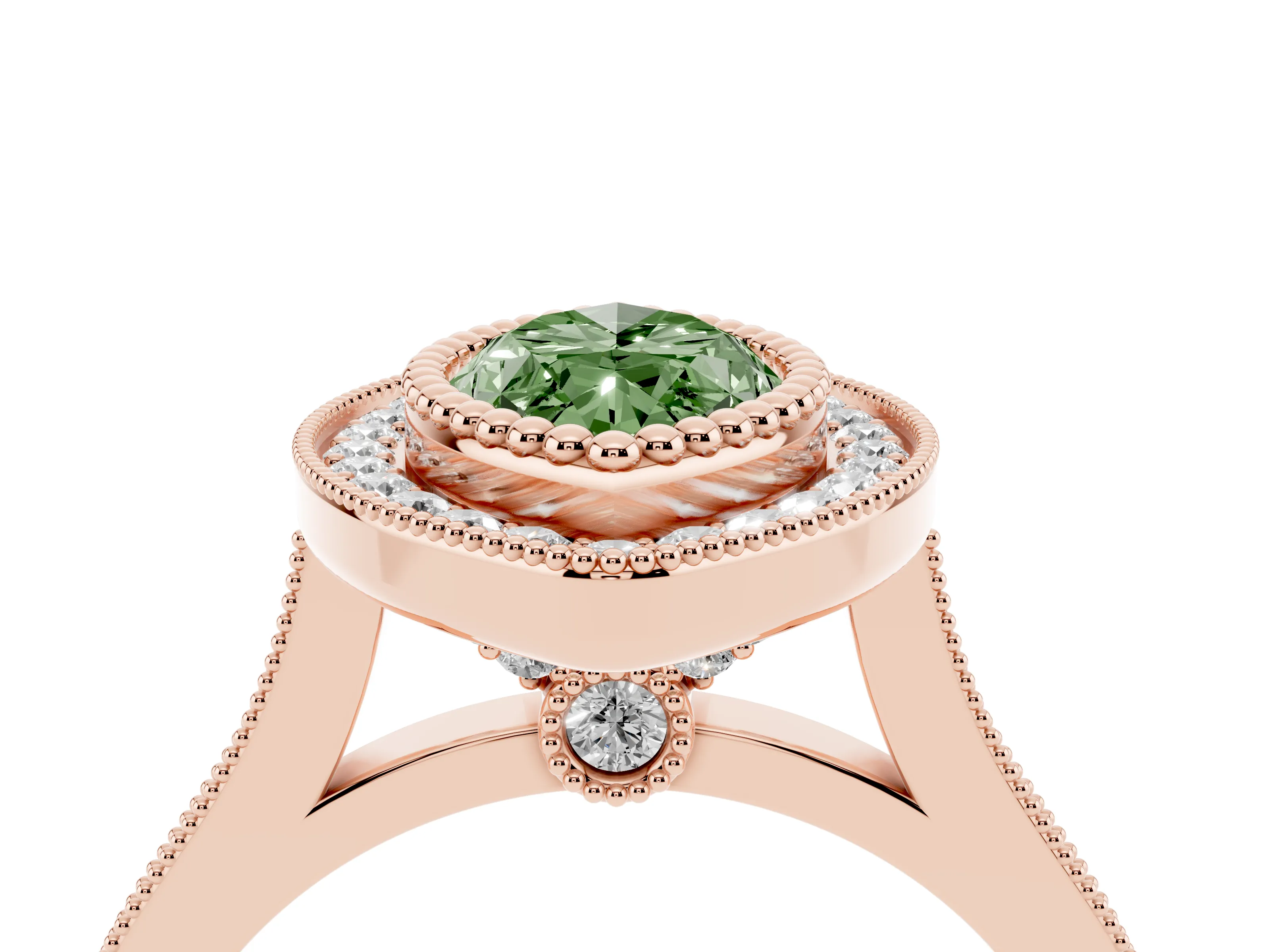 Fancy Green Marquise Cut Diamond Halo Ring Set in Rose gold with Milgrain Frame and Pavé Band