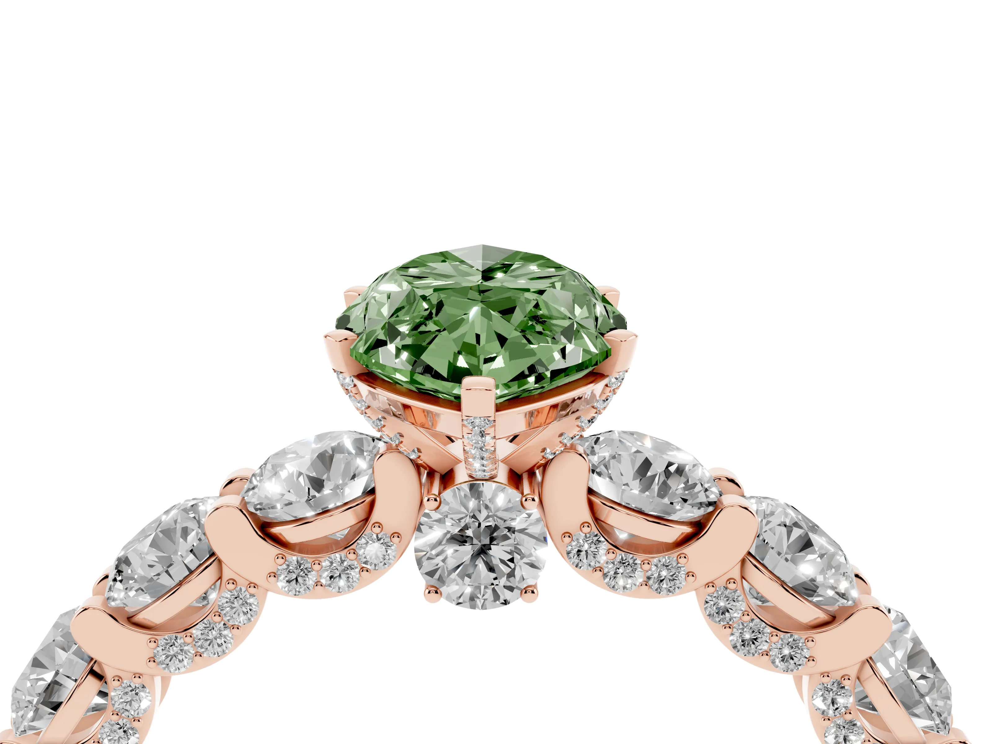 Fancy Green Marquise Cut Diamond Side Stone Ring Set in Rose gold with Alternating Round and Oval Side Stones