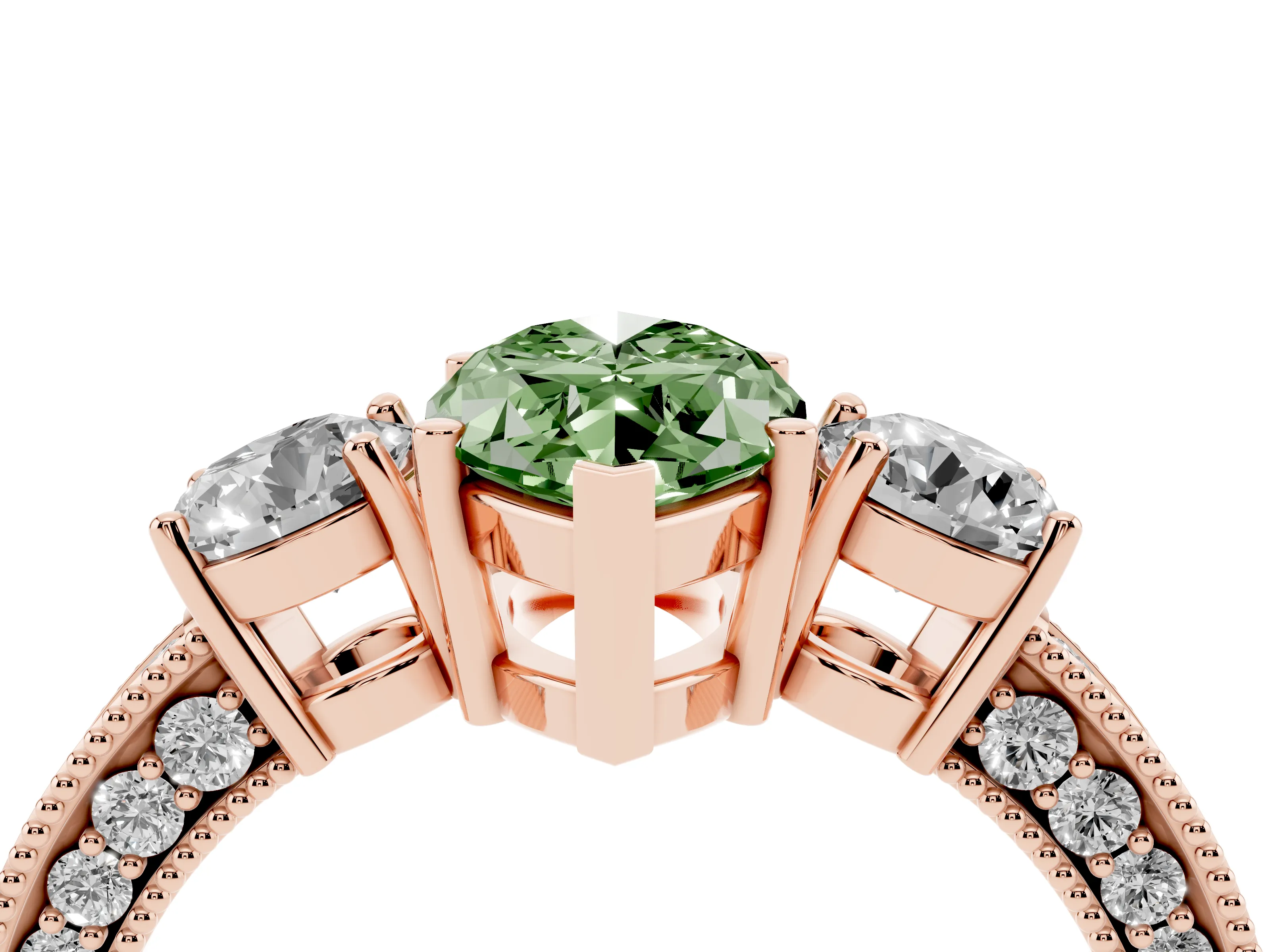 Fancy Green Marquise Cut Diamond Three-Stone Ring Set in Rose gold with Round Side Stones and Pavé Band
