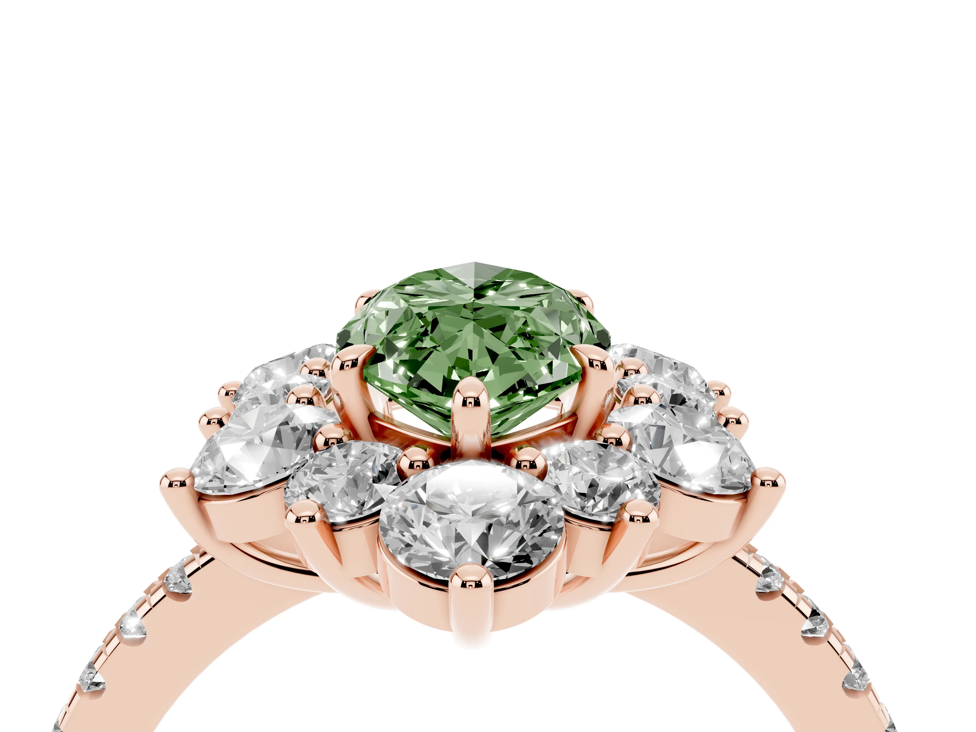 Fancy Green Marquise Cut Diamond Floral Halo Ring Set in Rose gold with Round Pavé Band and Prong Setting