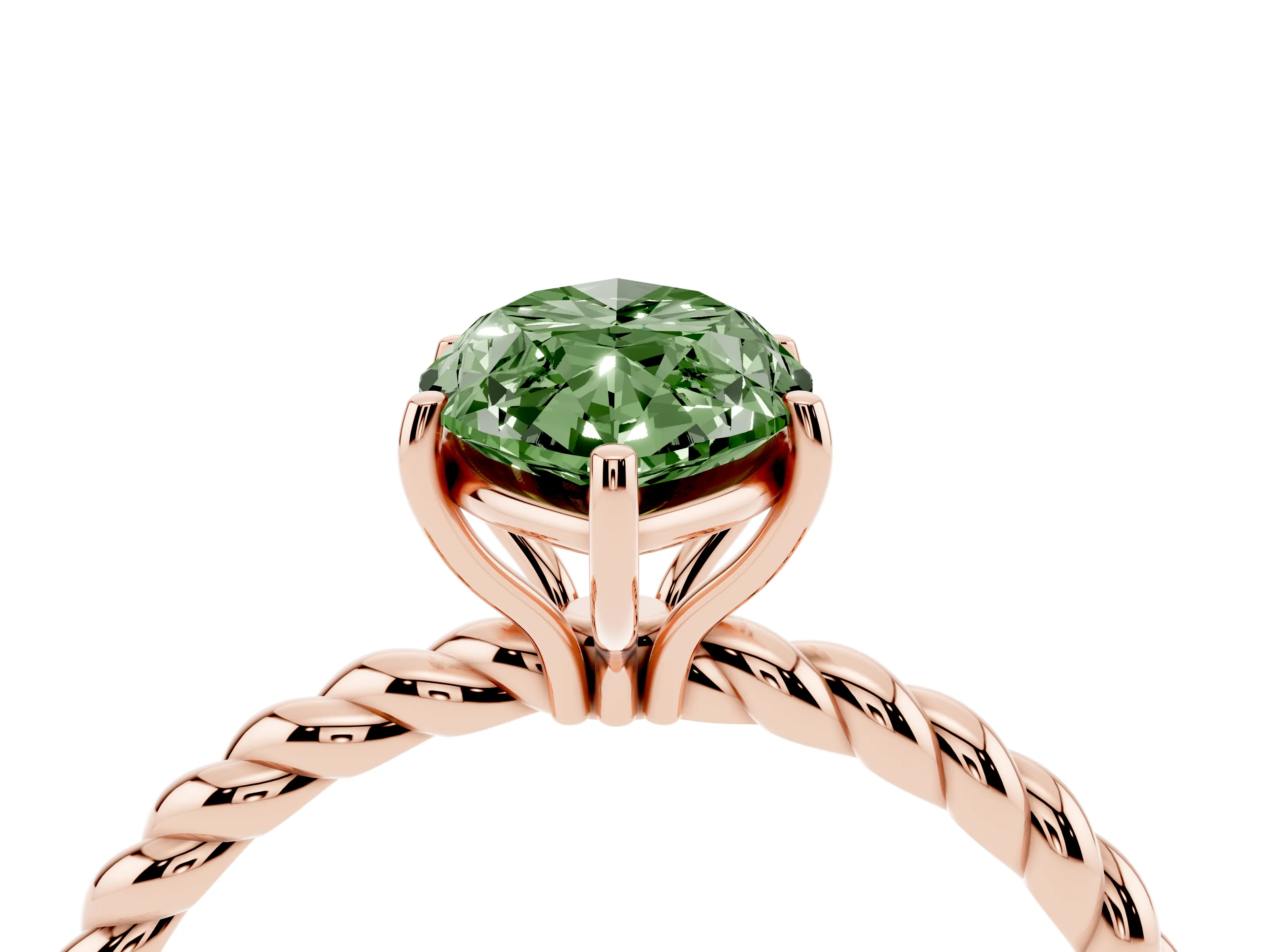 Fancy Green Marquise Cut Diamond Solitaire Ring Set in Rose gold with Twist Band and Prong Setting