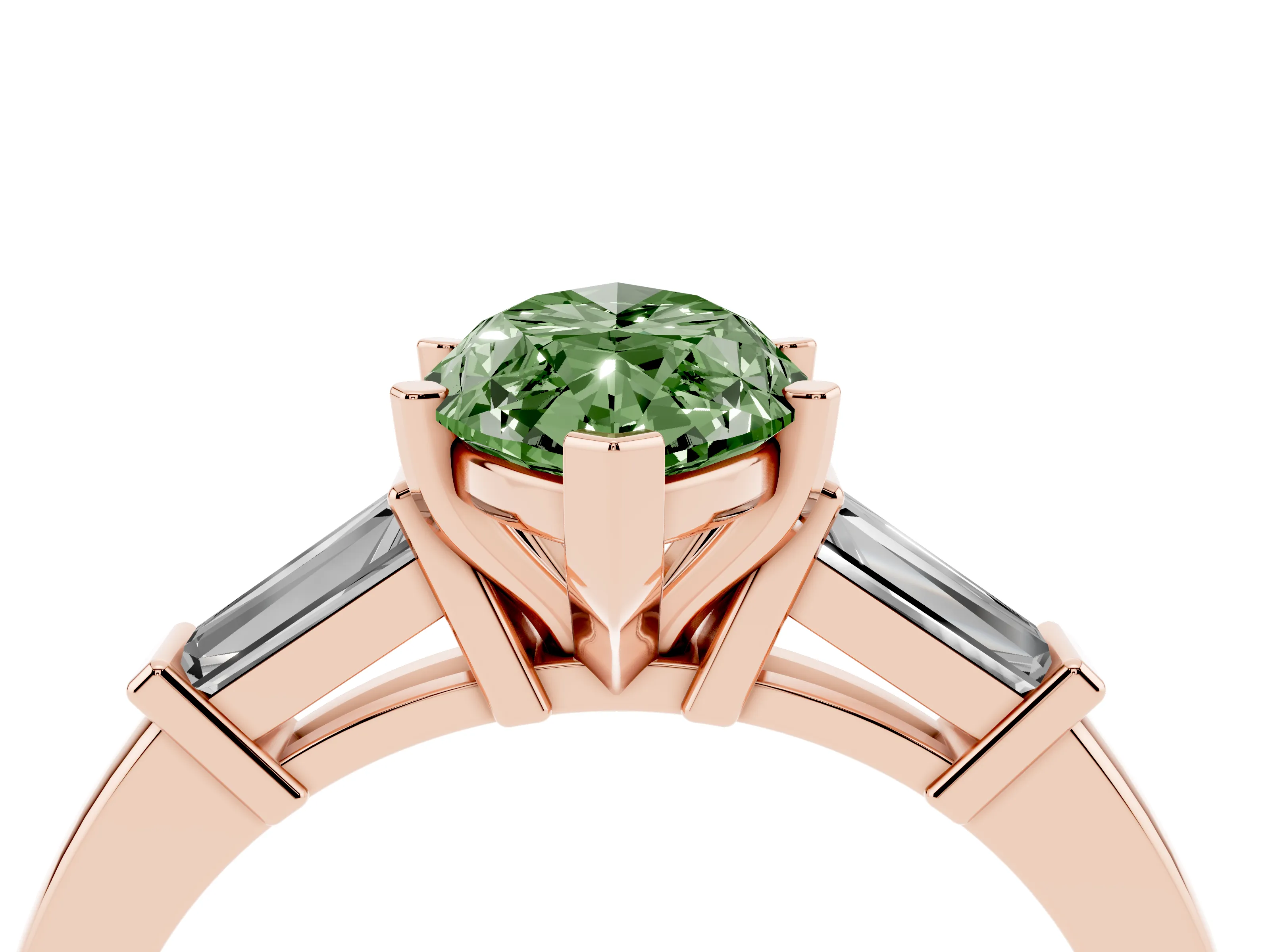 Fancy Green Marquise Cut Diamond Solitaire Ring Set in Rose gold with Tapered Baguette Accents and Prong Setting