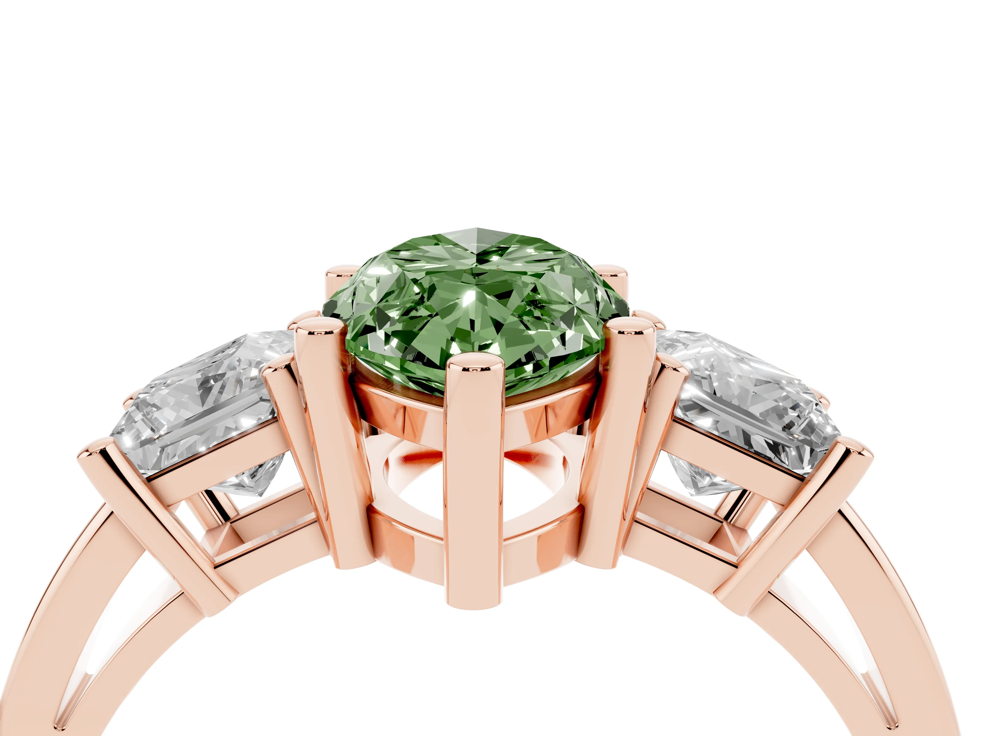 Fancy Green Three-Stone Marquise Cut Diamond Solitaire Ring Set in Rose gold with Prong Setting