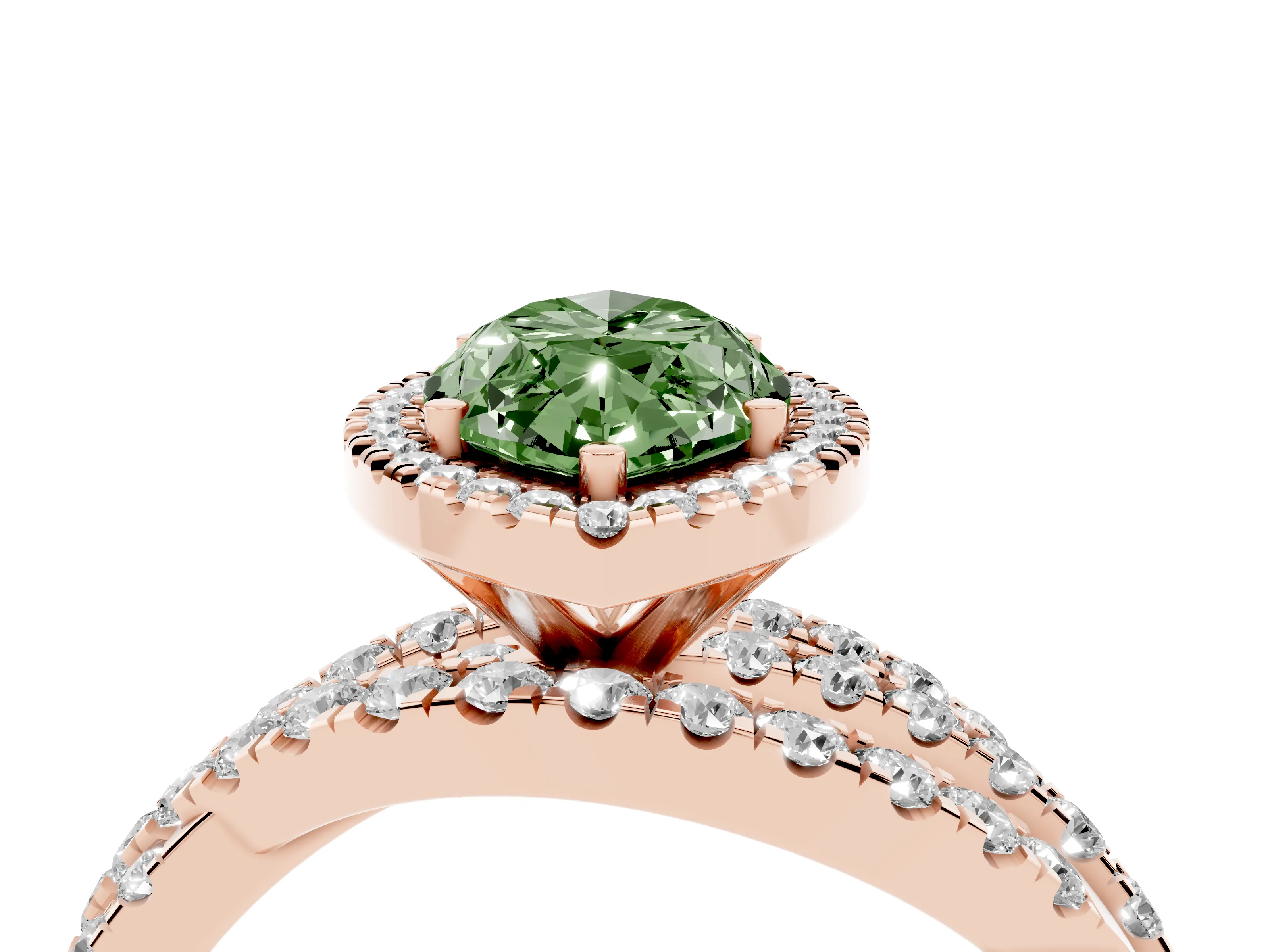Fancy Green Marquise Cut Diamond Halo Ring Set in Rose gold with Round Crossover Split Shank and Prong Setting