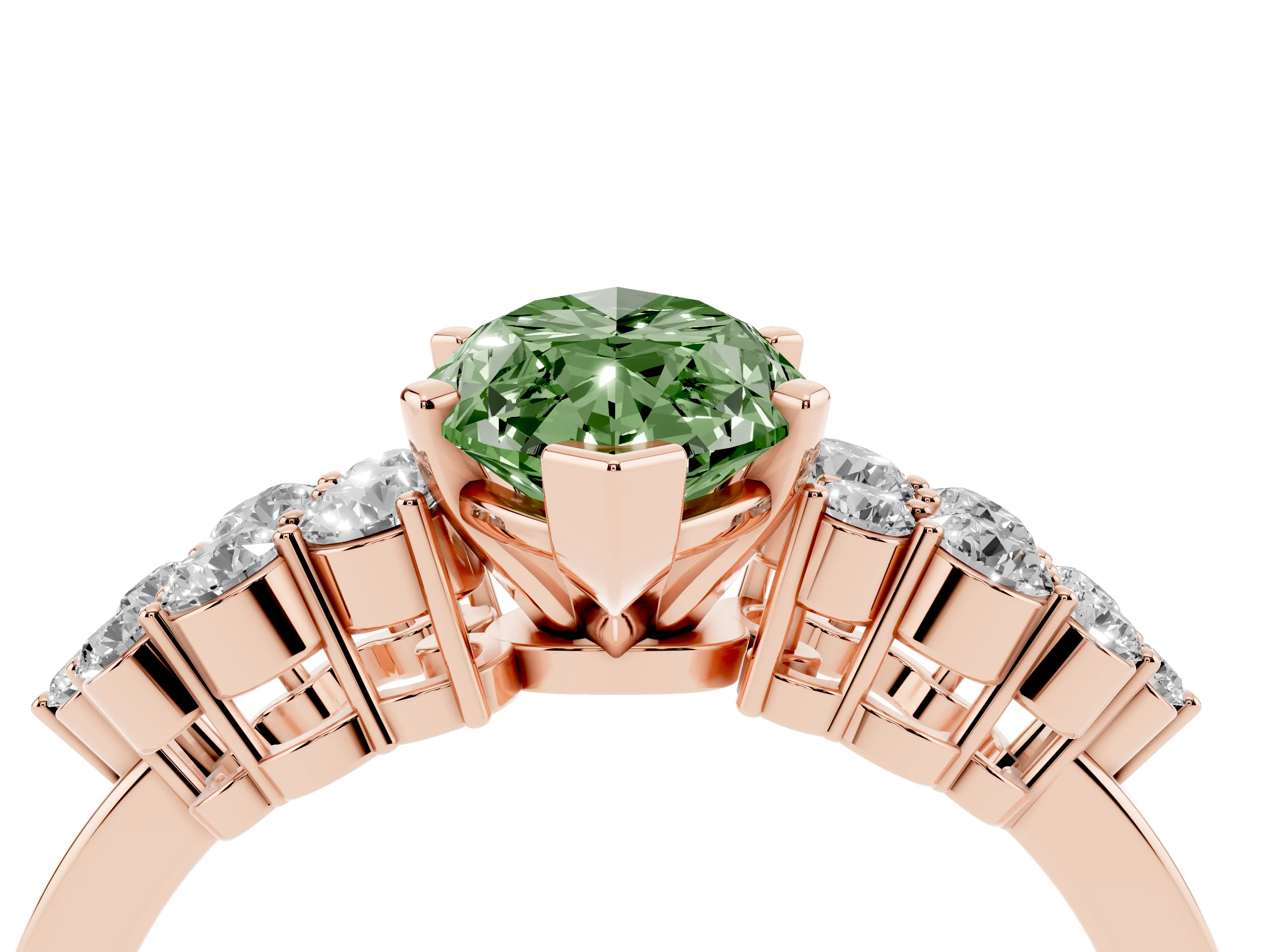 Fancy Green Marquise Cut Diamond Cluster Engagement Ring Set in Rose gold with Pavé Band and Prong Setting