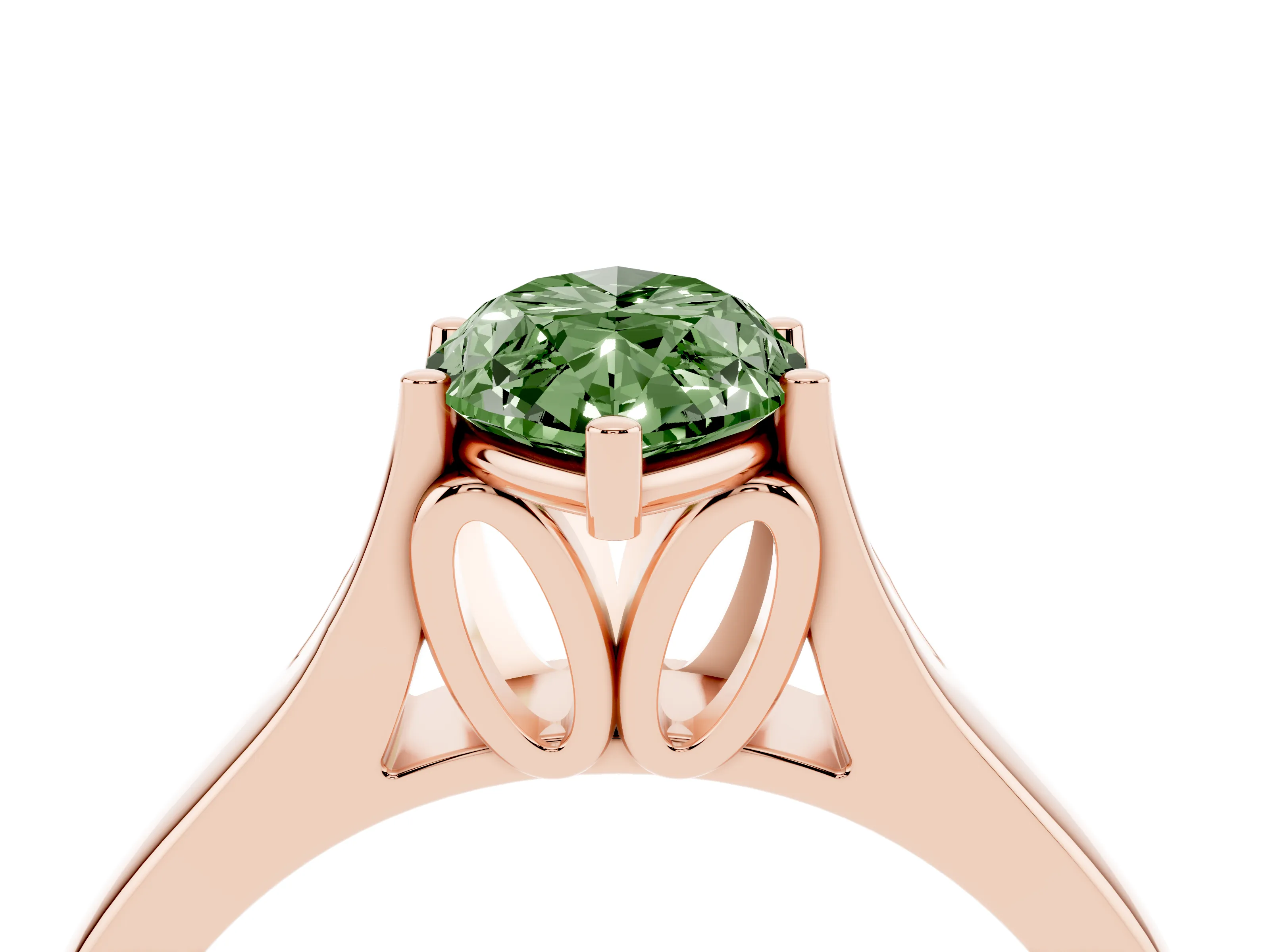 Fancy Green Marquise Cut Diamond Solitaire Ring Set in Rose gold with Arched Cathedral Band and Prong Setting