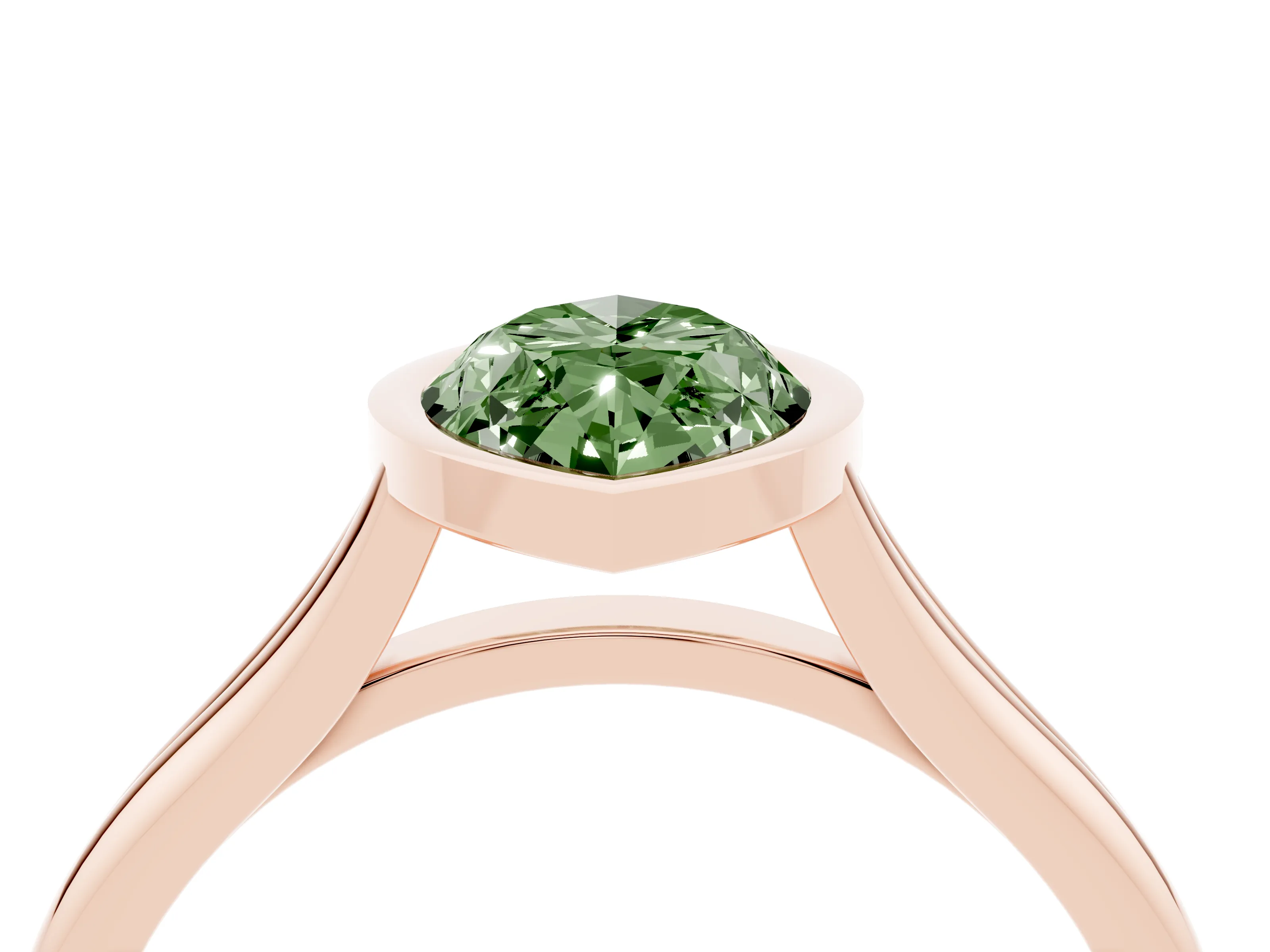 Fancy Green Bezel Set Marquise Cut Diamond Solitaire Ring Set in Rose gold with Tapered Band