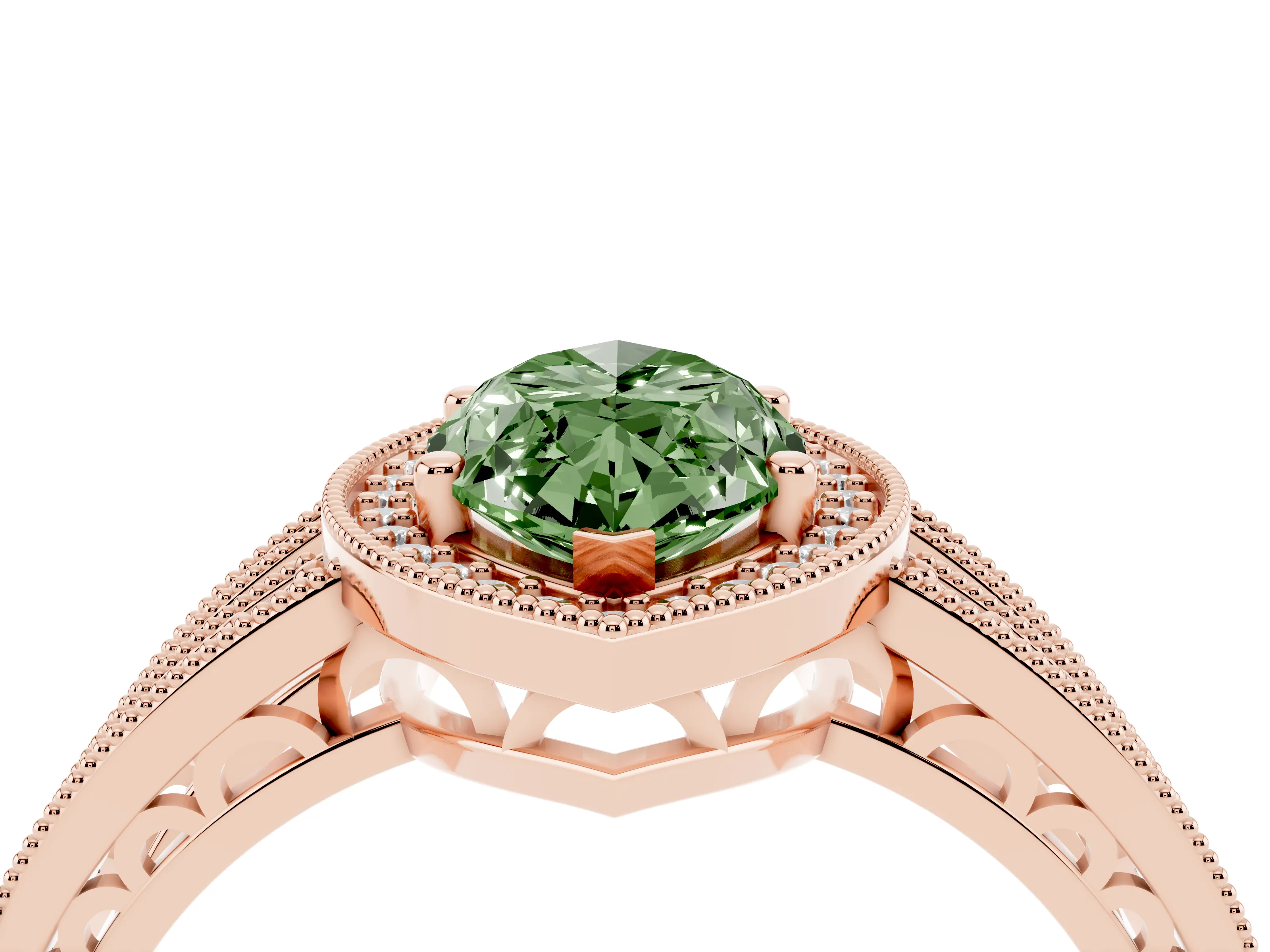 Fancy Green Marquise Cut Diamond Halo Ring Set in Rose gold with Accent Split Shank and Prong Setting