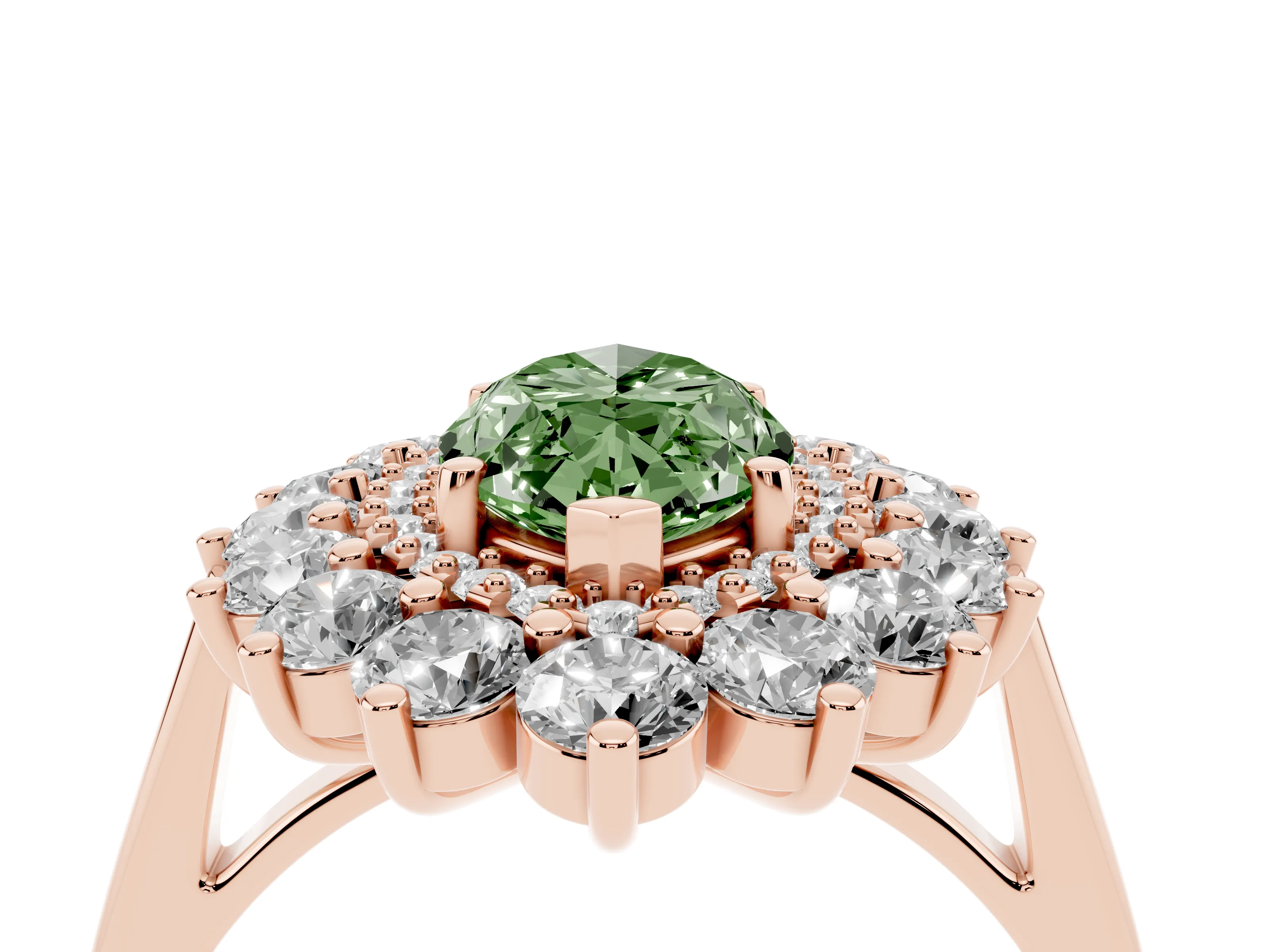 Fancy Green Marquise Cut Diamond Floral Double Halo Ring Set in Rose gold with Round Petals