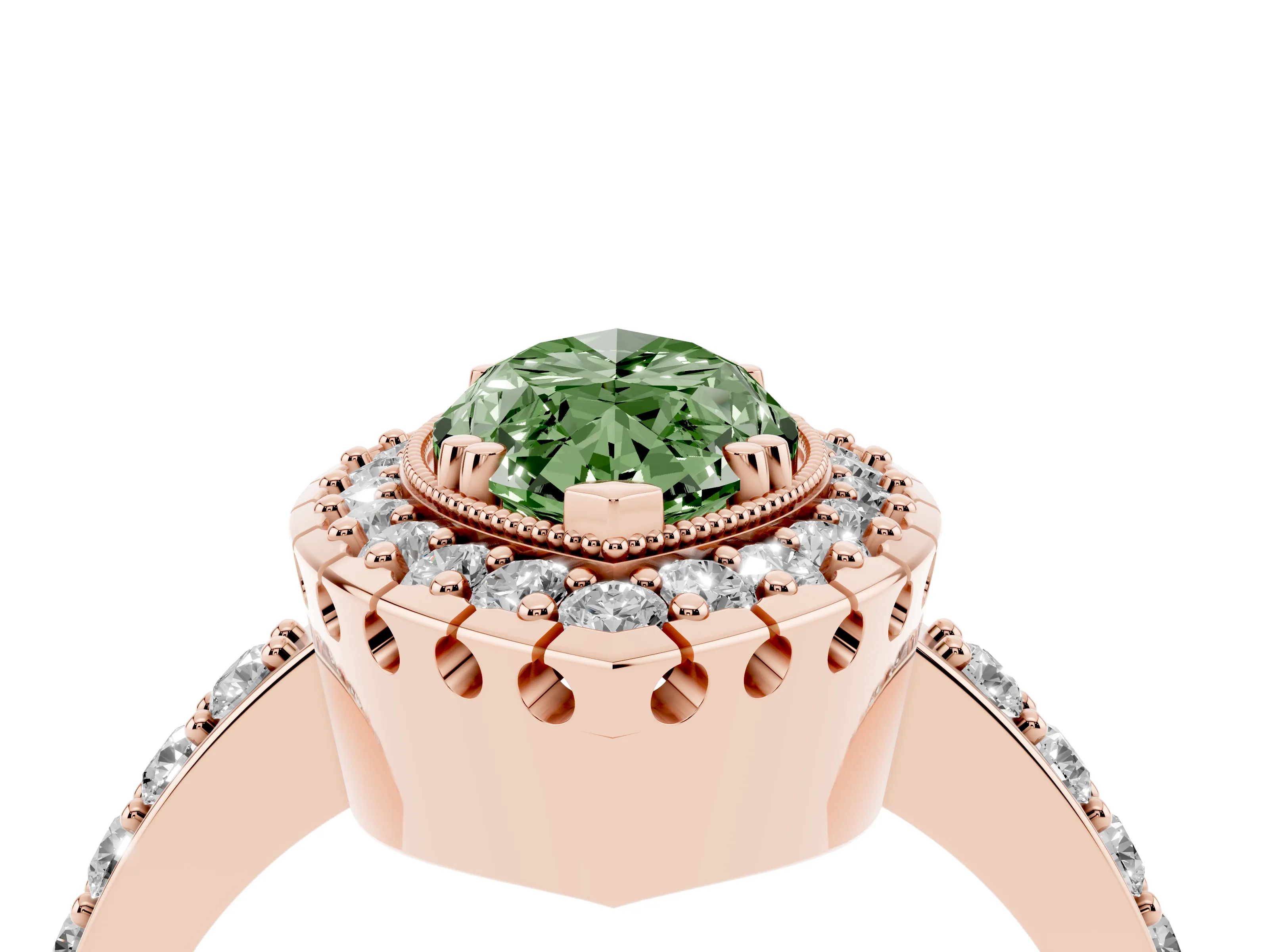 Fancy Green Marquise Cut Diamond Halo Ring Set in Rose gold with Pavé Shank and Prong Setting