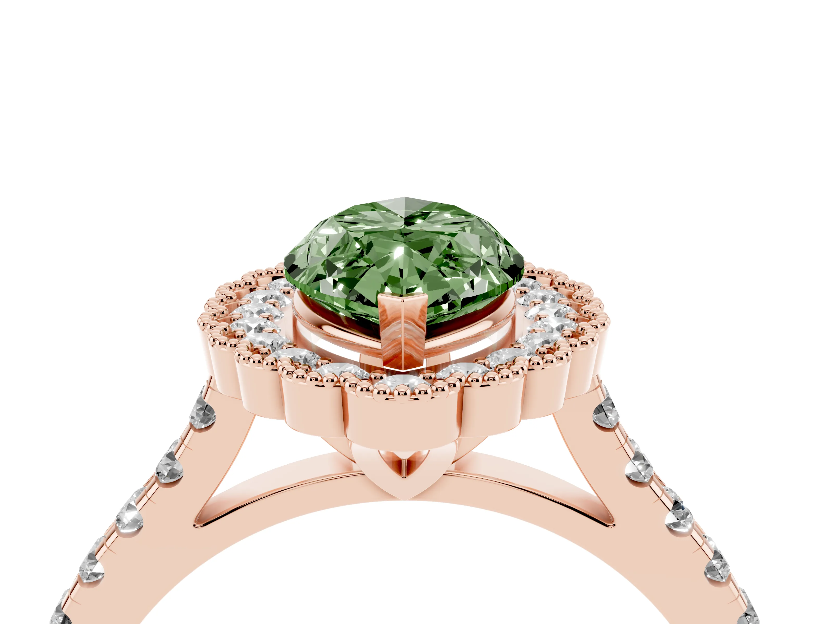 Fancy Green Marquise Cut Diamond Milgrain Floral Halo Engagement Ring Set in Rose gold with Pavé Band
