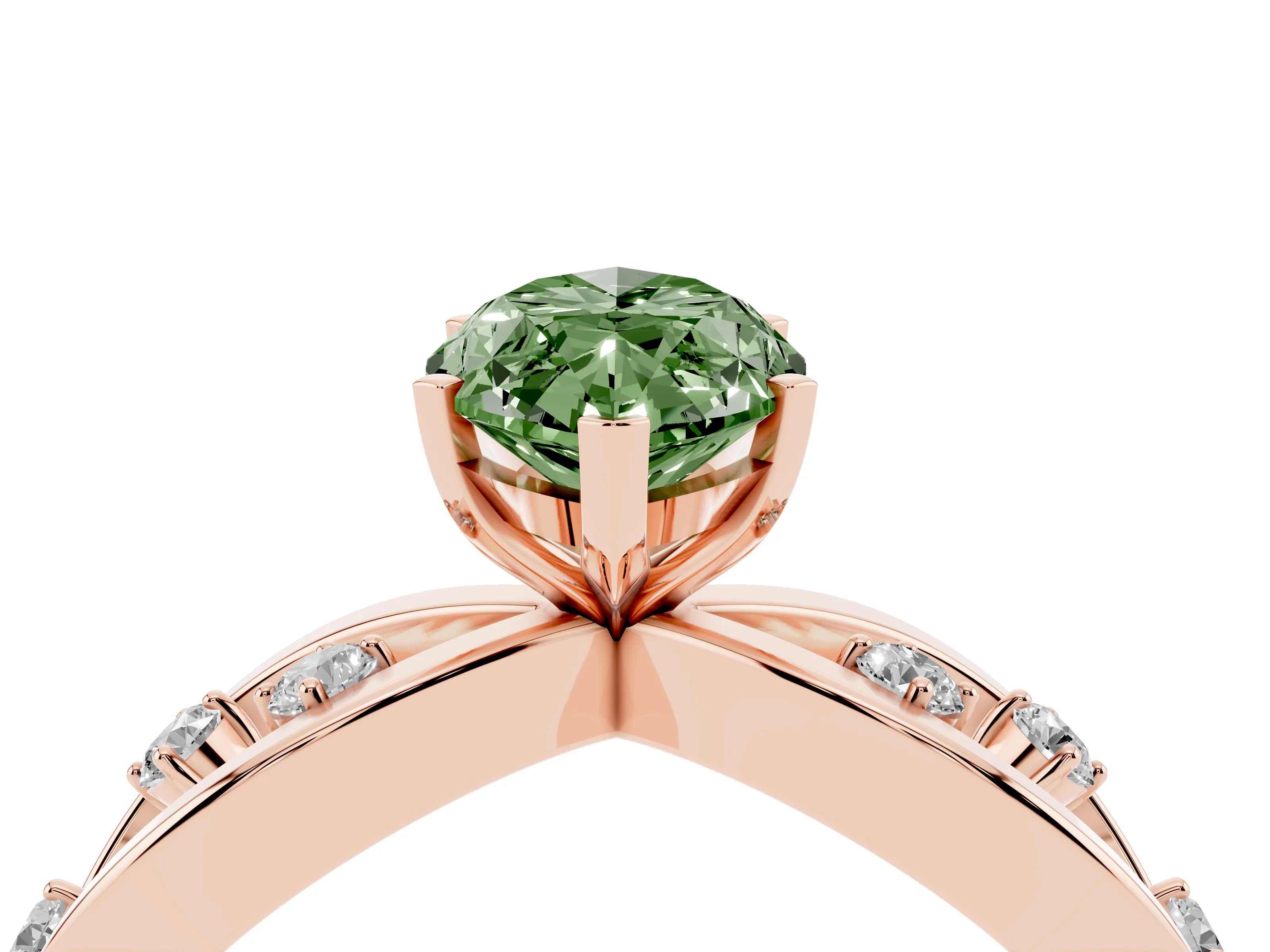 Fancy Green Marquise Cut Diamond Solitaire Ring Set in Rose gold with Side Stones on Criss-Cross Band and Prong Setting