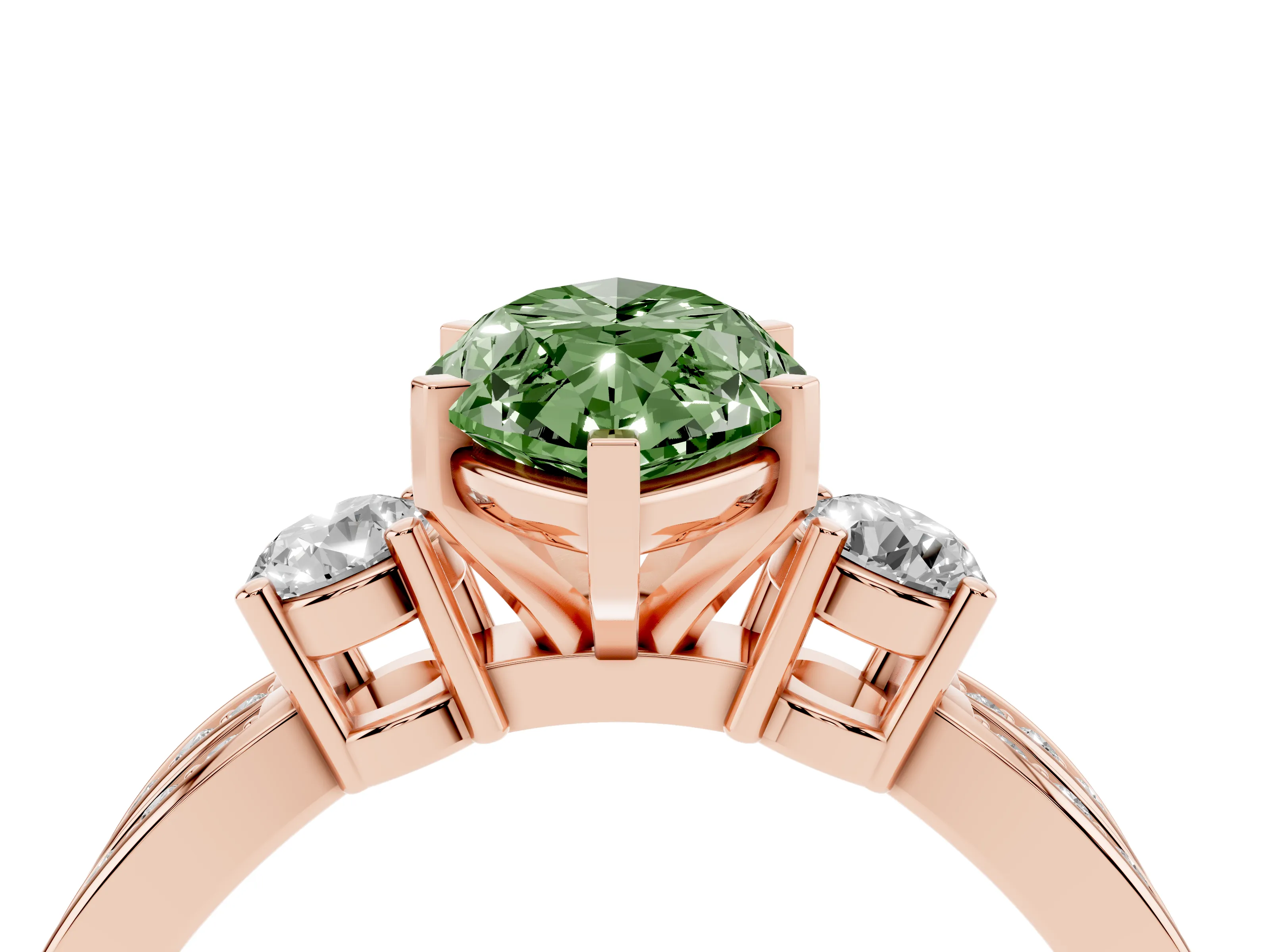 Fancy Green Three-Stone Marquise Cut Diamond Twist Band Ring Set in Rose gold with Pavé Accents and Prong Setting