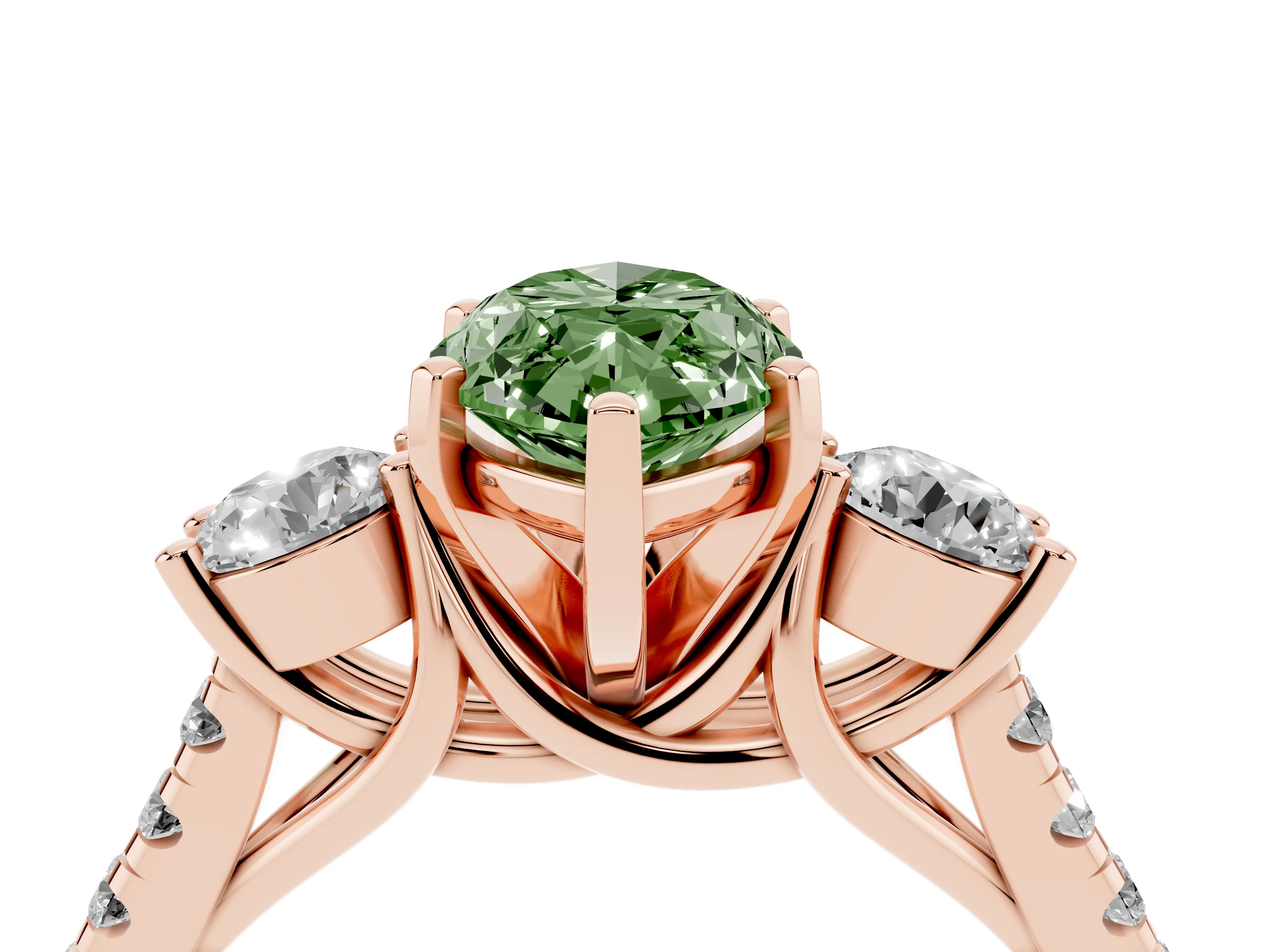 Fancy Green Three-Stone Marquise Cut Diamond Pavé Band Ring Set in Rose gold with Prong-Set Trio