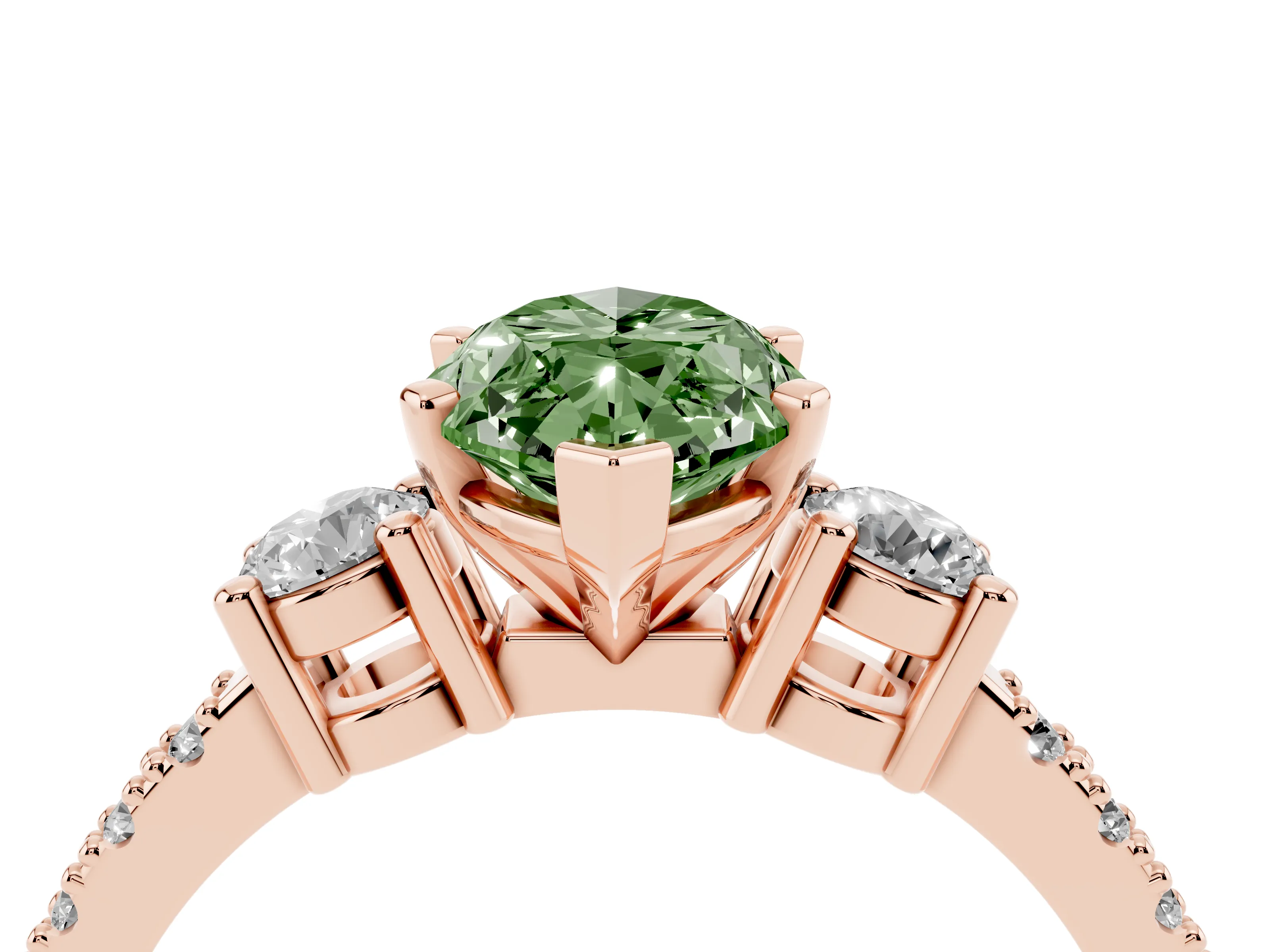 Fancy Green Three-Stone Marquise Cut Diamond Pavé Band Ring Set in Rose gold with Prong Setting