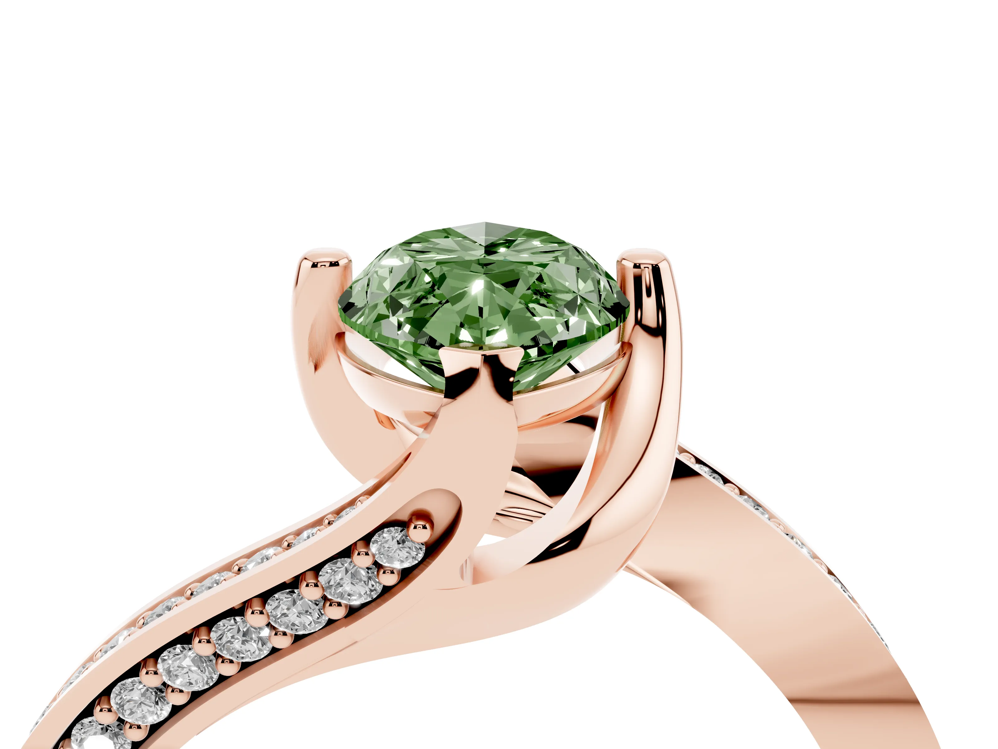 Fancy Green Marquise Cut Diamond Solitaire Ring Set in Rose gold with Intertwined Pavé Twist Band