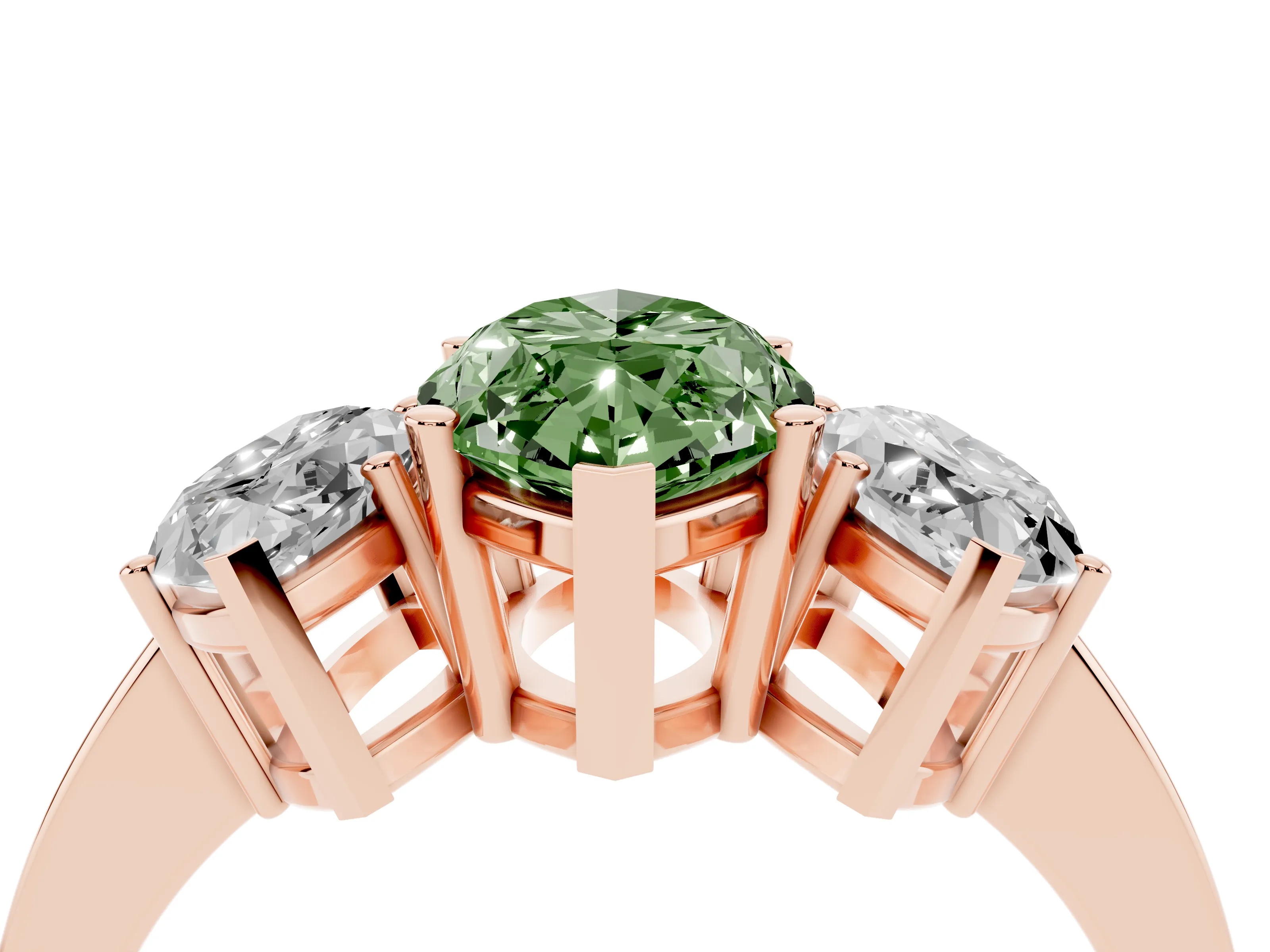Fancy Green Marquise Cut Diamond Three-Stone Engagement Ring Set in Rose gold with Flat Band