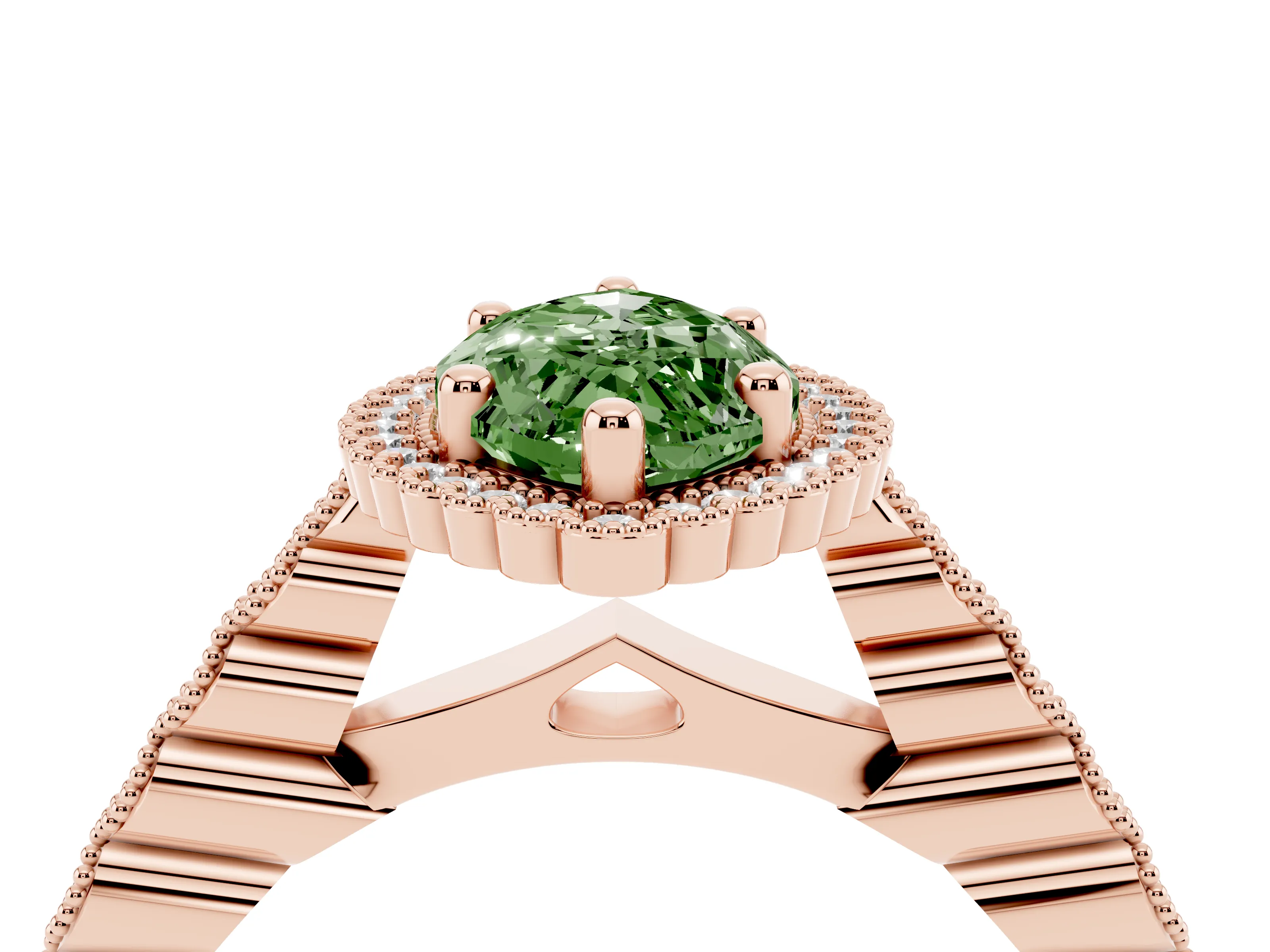 Fancy Green Marquise Cut Diamond Halo Ring Set in Rose gold with Pavé Milgrain Band