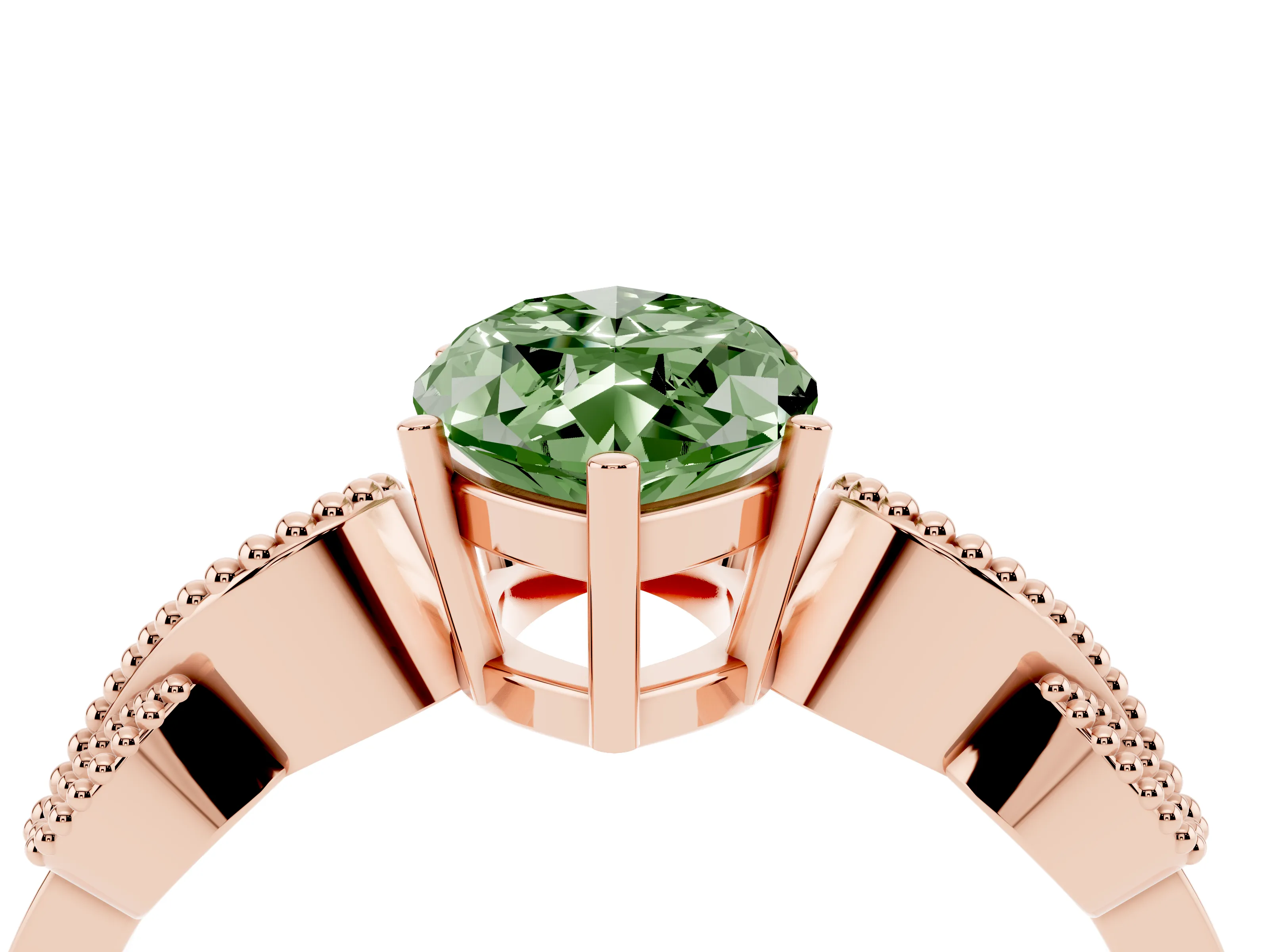 Fancy Green Marquise Cut Diamond Milgrain Leaf Band Solitaire Ring Set in Rose gold with Accent Stones and Prong Setting