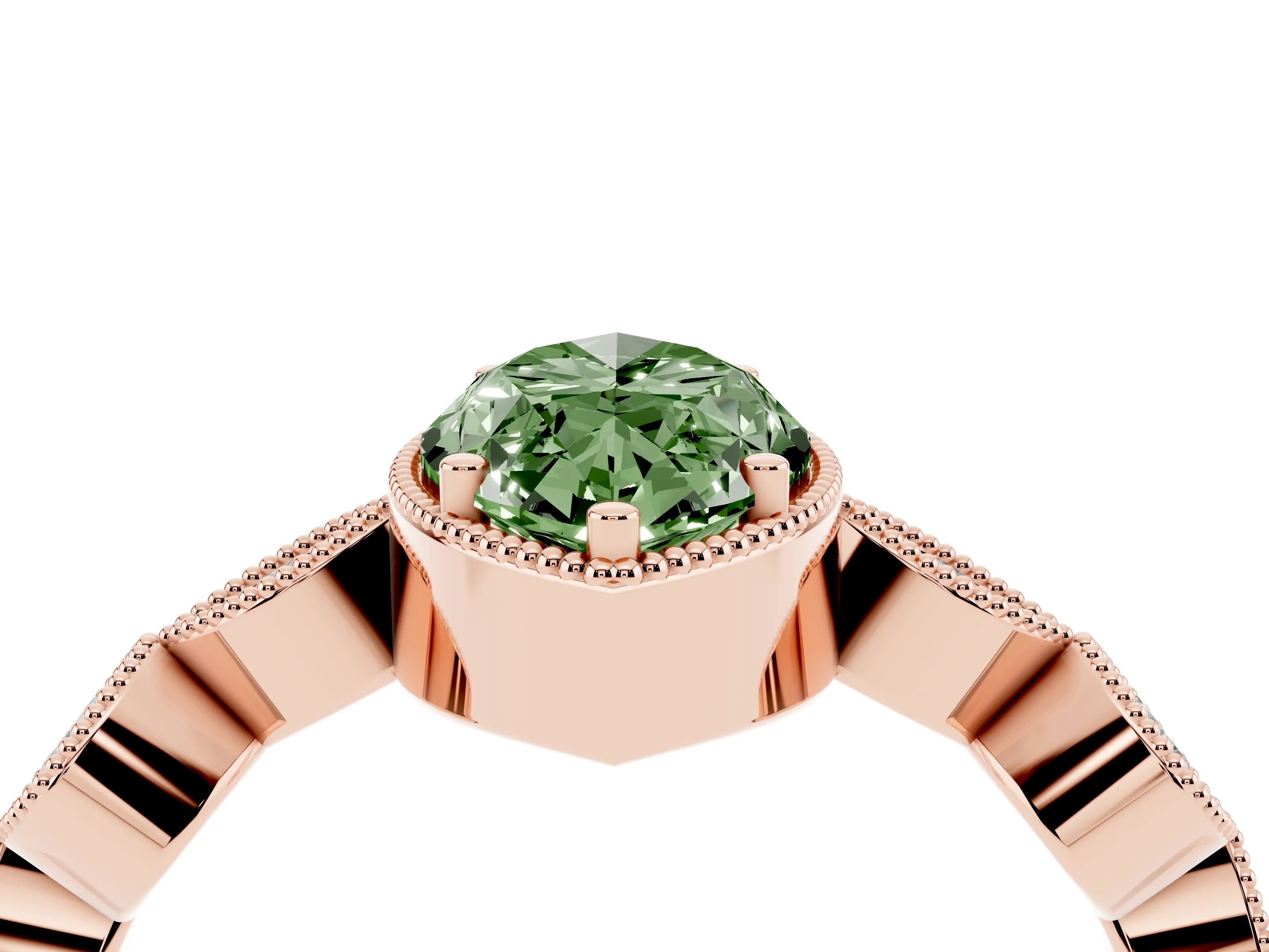 Fancy Green Marquise Cut Diamond Vintage-Inspired Milgrain Ring Set in Rose gold with Marquise Stations of Round Accents