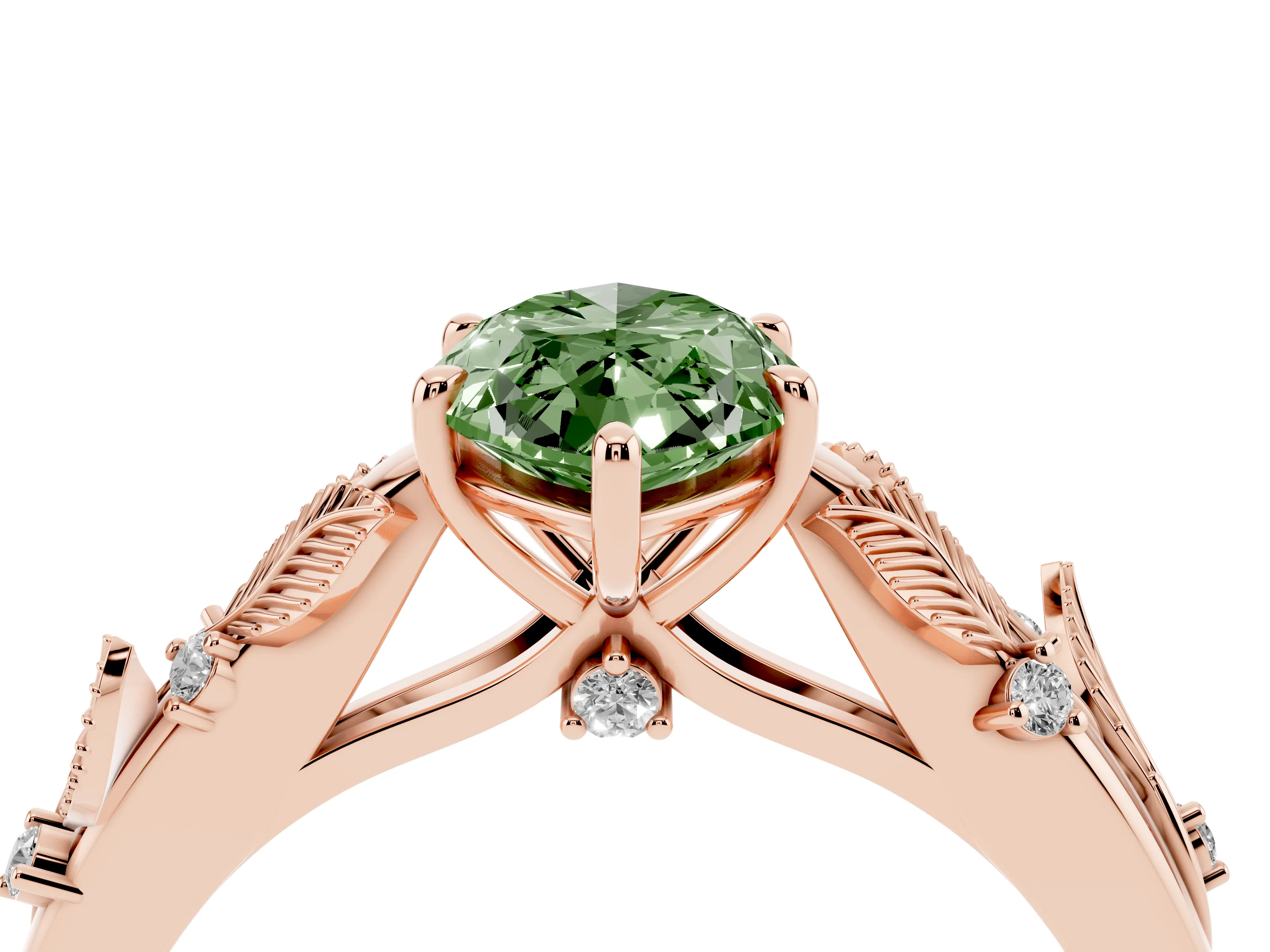 Fancy Green Marquise Cut Diamond Solitaire Ring Set in Rose gold with Leaf Motif Band