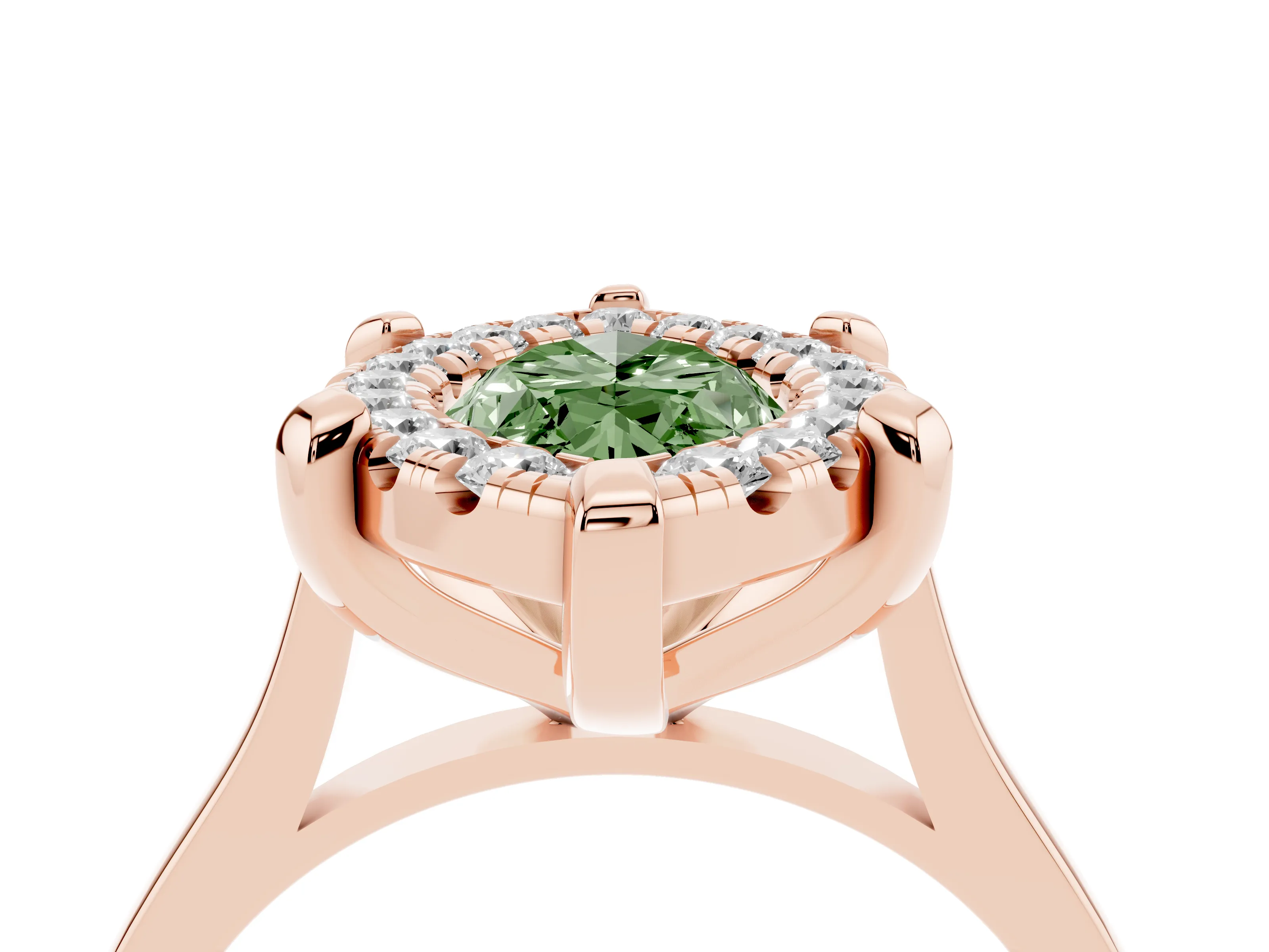 Fancy Green Marquise Cut Diamond Cluster Halo Solitaire Ring Set in Rose gold with Prong Setting
