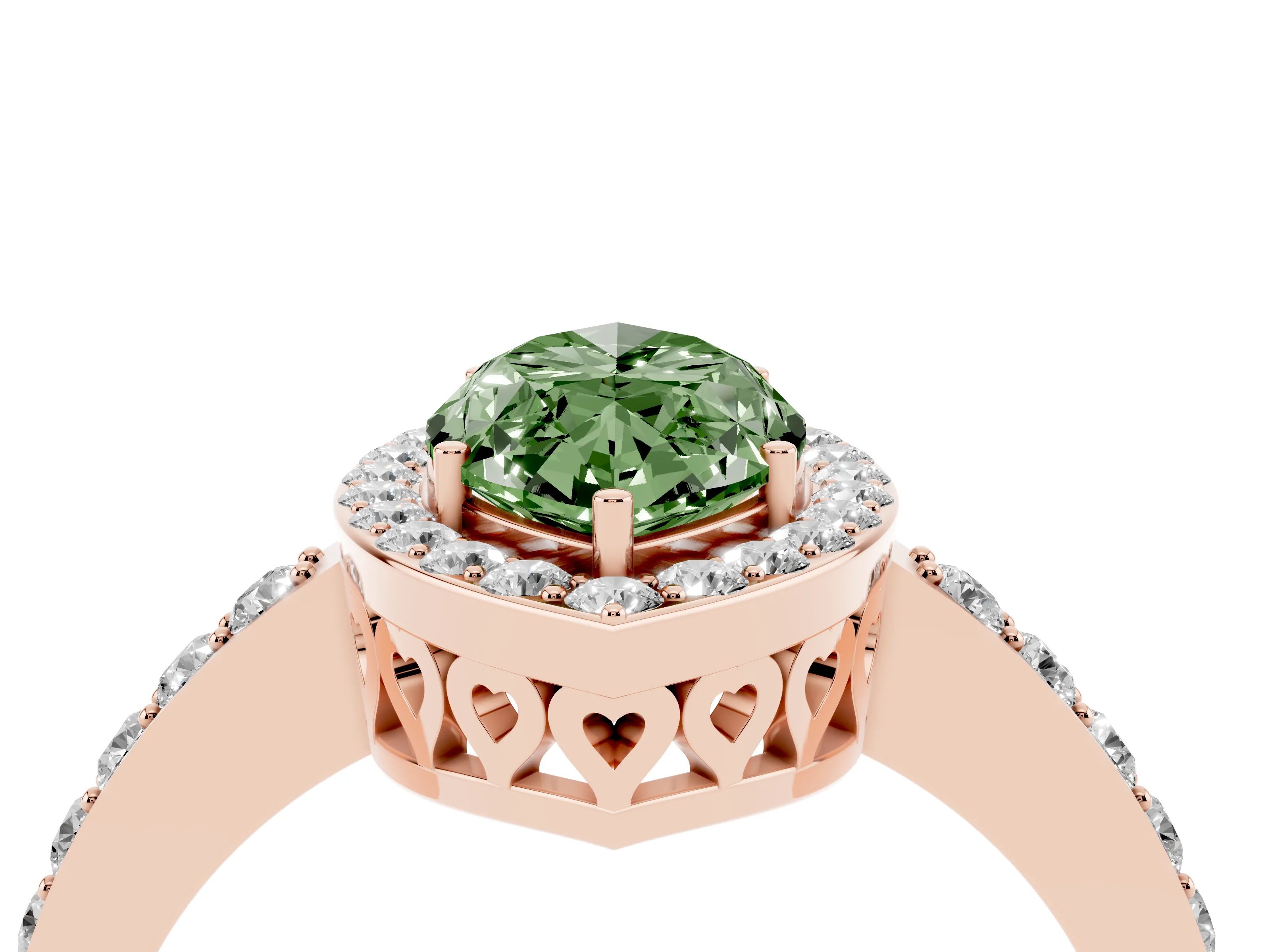 Fancy Green Marquise Cut Diamond Halo Ring Set in Rose gold with Pavé-Setting Band and Open Prong Center