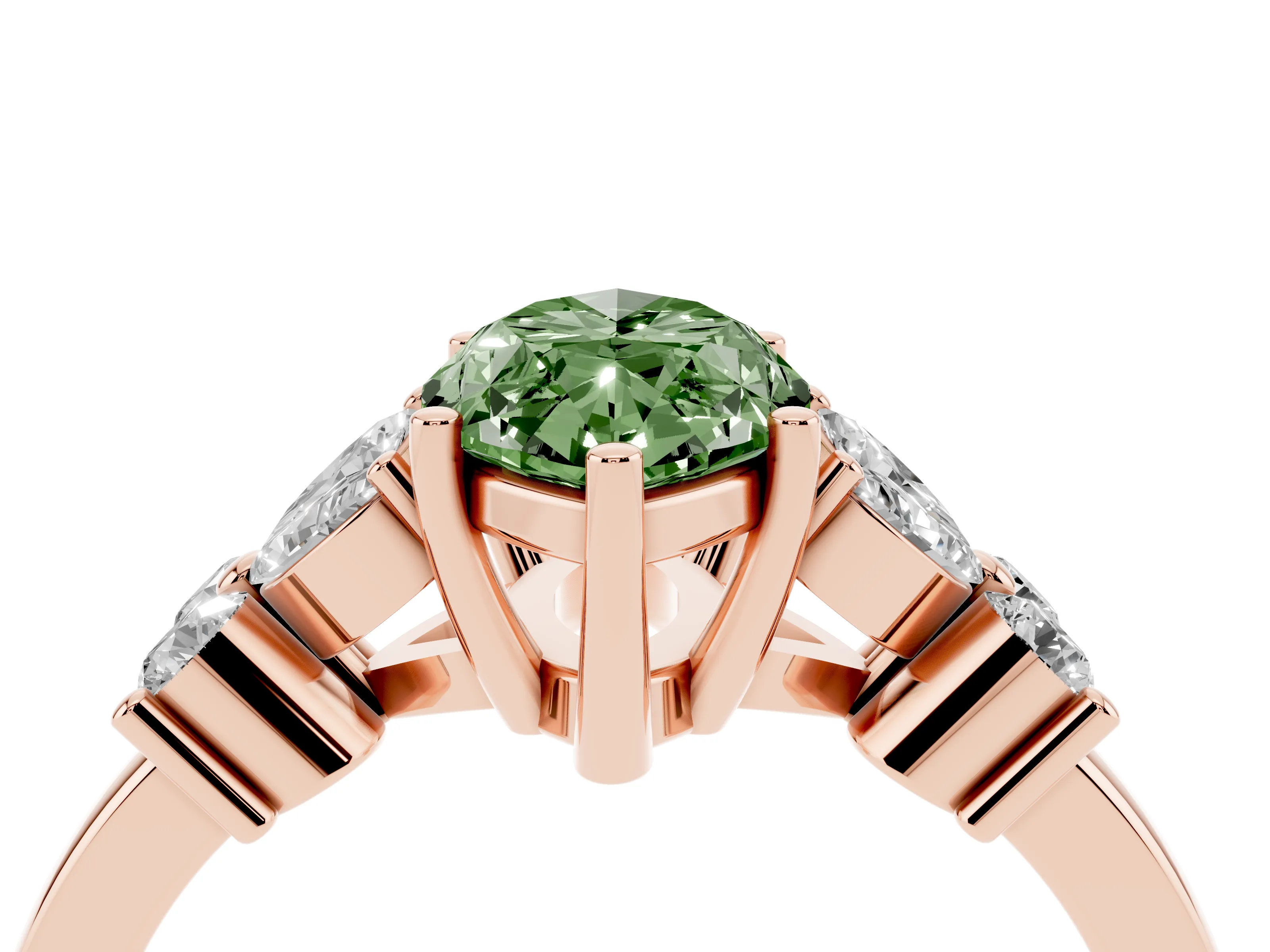 Fancy Green Marquise Cut Diamond Floral Cluster Ring Set in Rose gold with Marquise Petals and Prong Setting