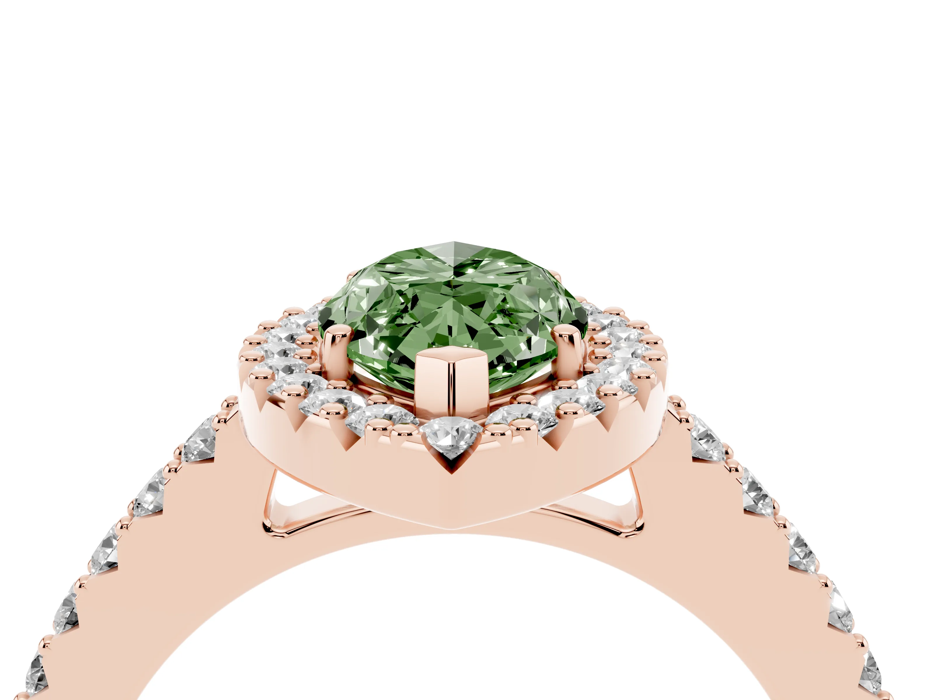 Fancy Green Marquise Cut Diamond Halo Pavé Solitaire Ring Set in Rose gold with Prong-Set Center Stone