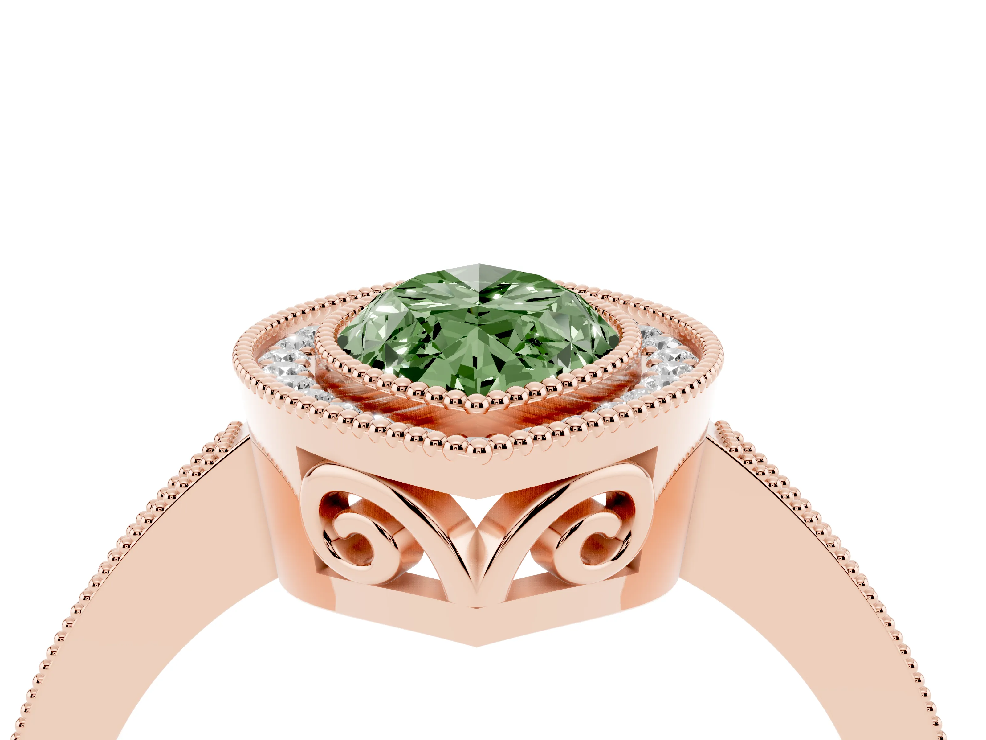 Fancy Green Marquise Cut Diamond Halo Ring Set in Rose gold with Pavé Band and Milgrain-Edged Prongs