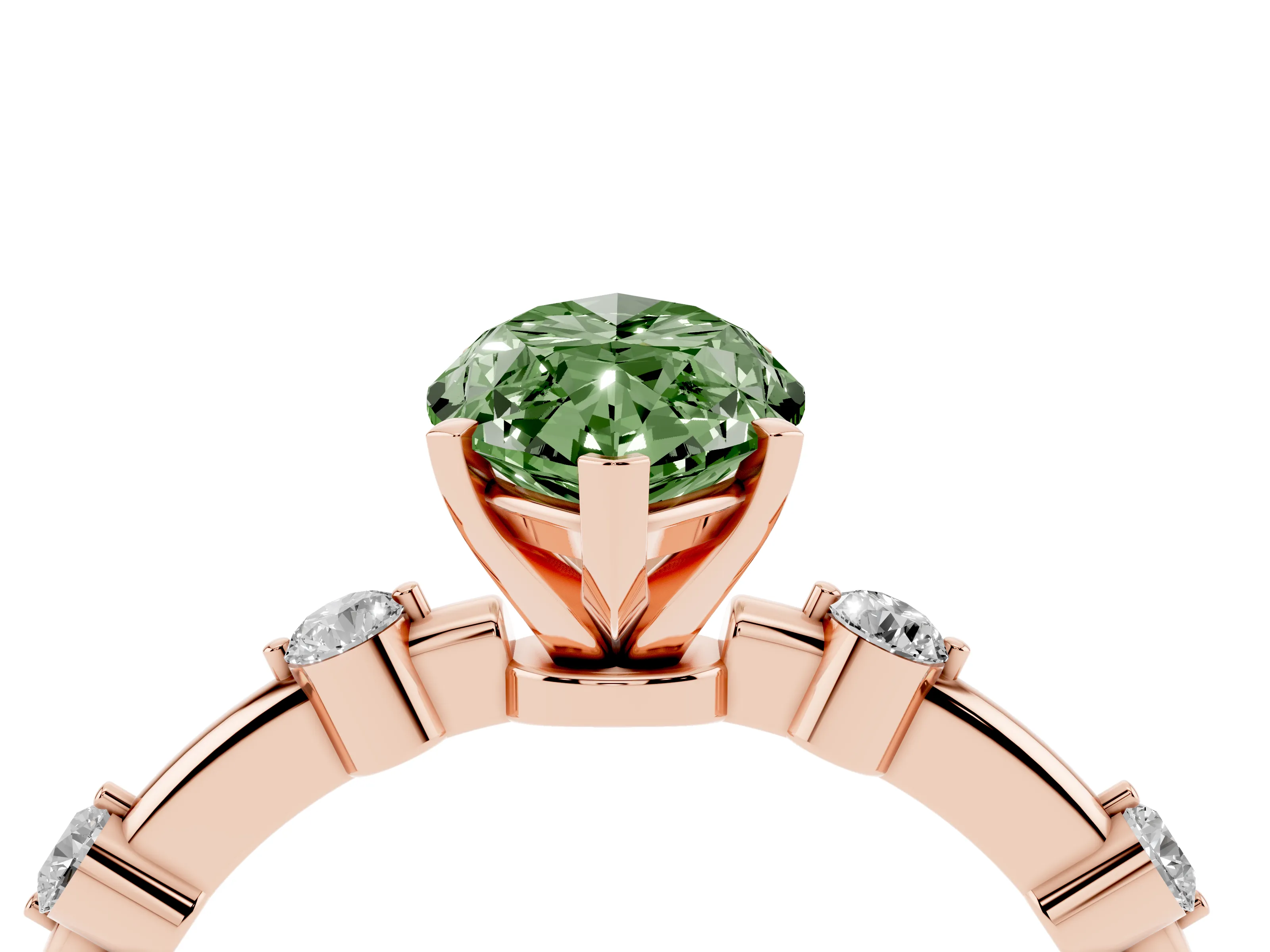 Fancy Green Marquise Cut Diamond Solitaire Ring Set in Rose gold with Bezel Set Side Stones and Prong Setting