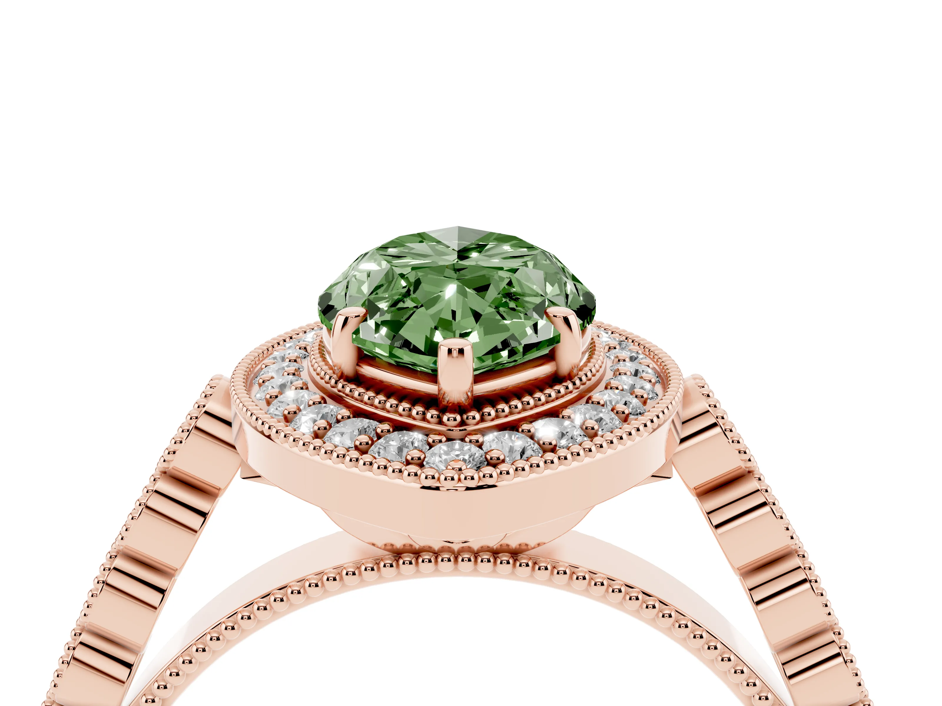 Fancy Green Marquise Cut Diamond Milgrain Halo Solitaire Ring Set in Rose gold with Bezel Set Side Stones and Pavé Band