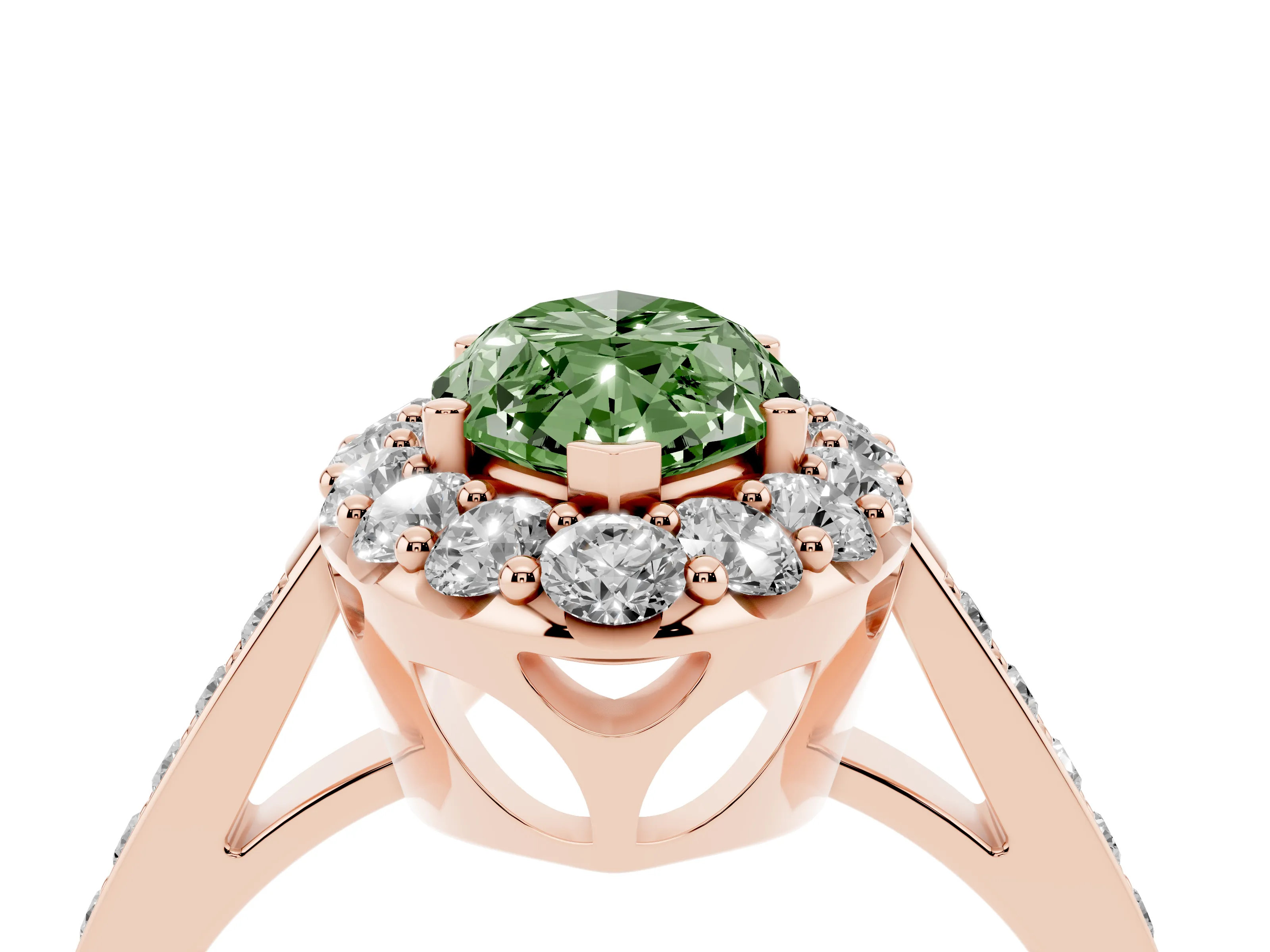 Fancy Green Marquise Cut Diamond Floral Halo Ring Set in Rose gold with Pavé Band and Prong Setting