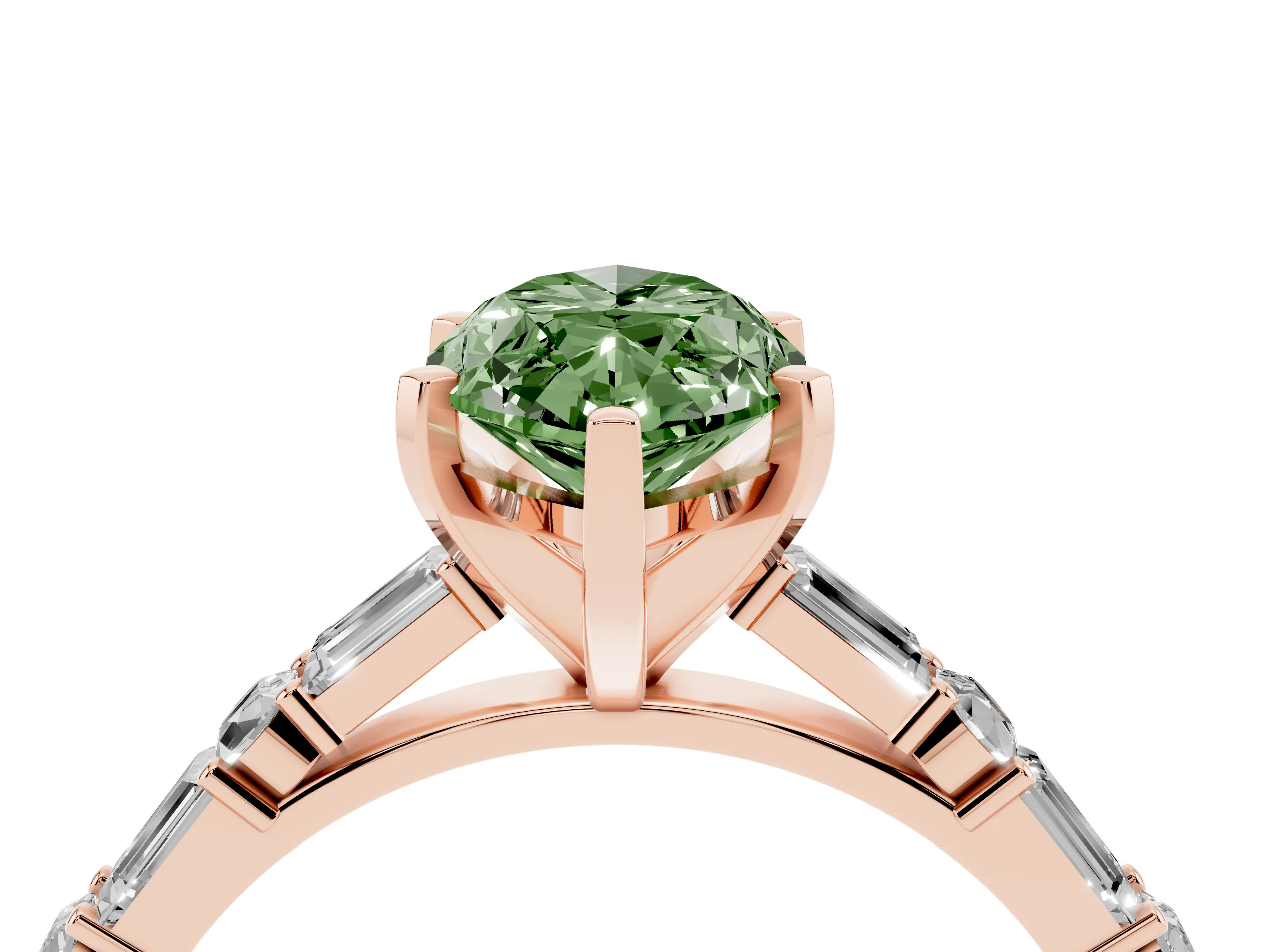 Fancy Green Marquise Cut Diamond Solitaire Set in Rose gold with Side Baguettes and Channel Set Band