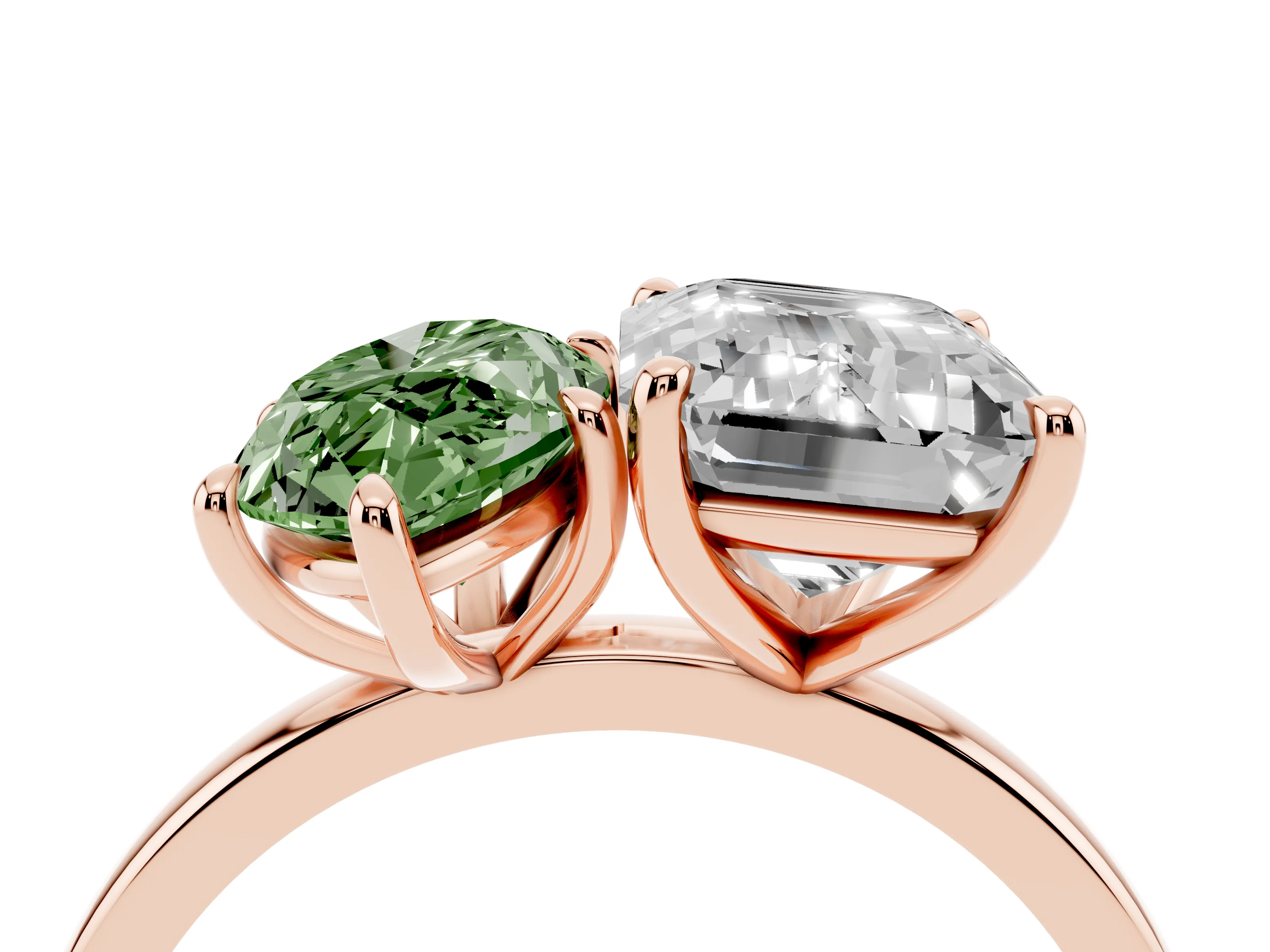 Fancy Green Marquise Cut and Emerald Cut Toi Moi Ring Set in Rose gold with Prong Setting