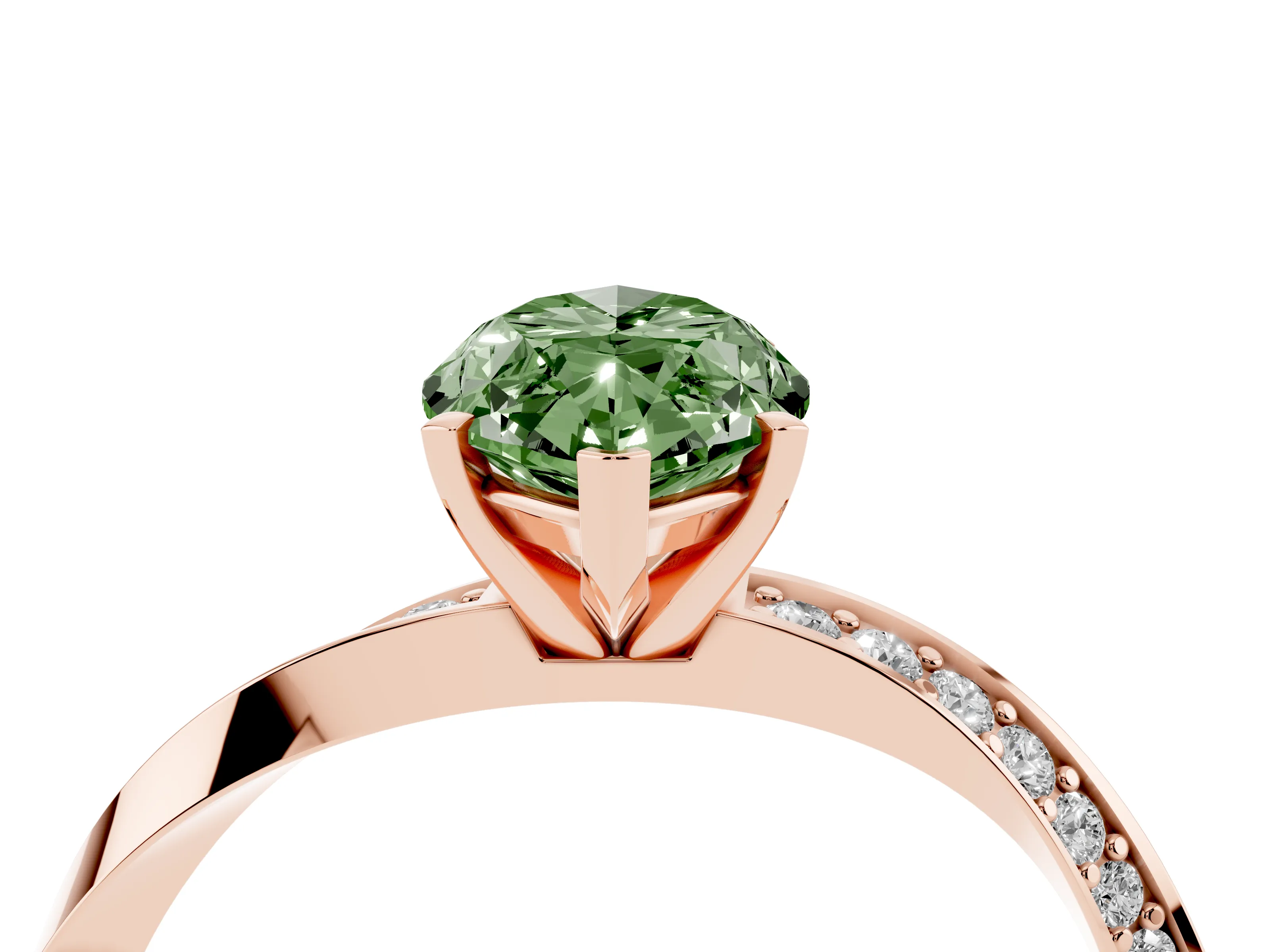 Fancy Green Marquise Cut Diamond Engagement Ring Set in Rose gold with Side Stone Accents and Prong Setting