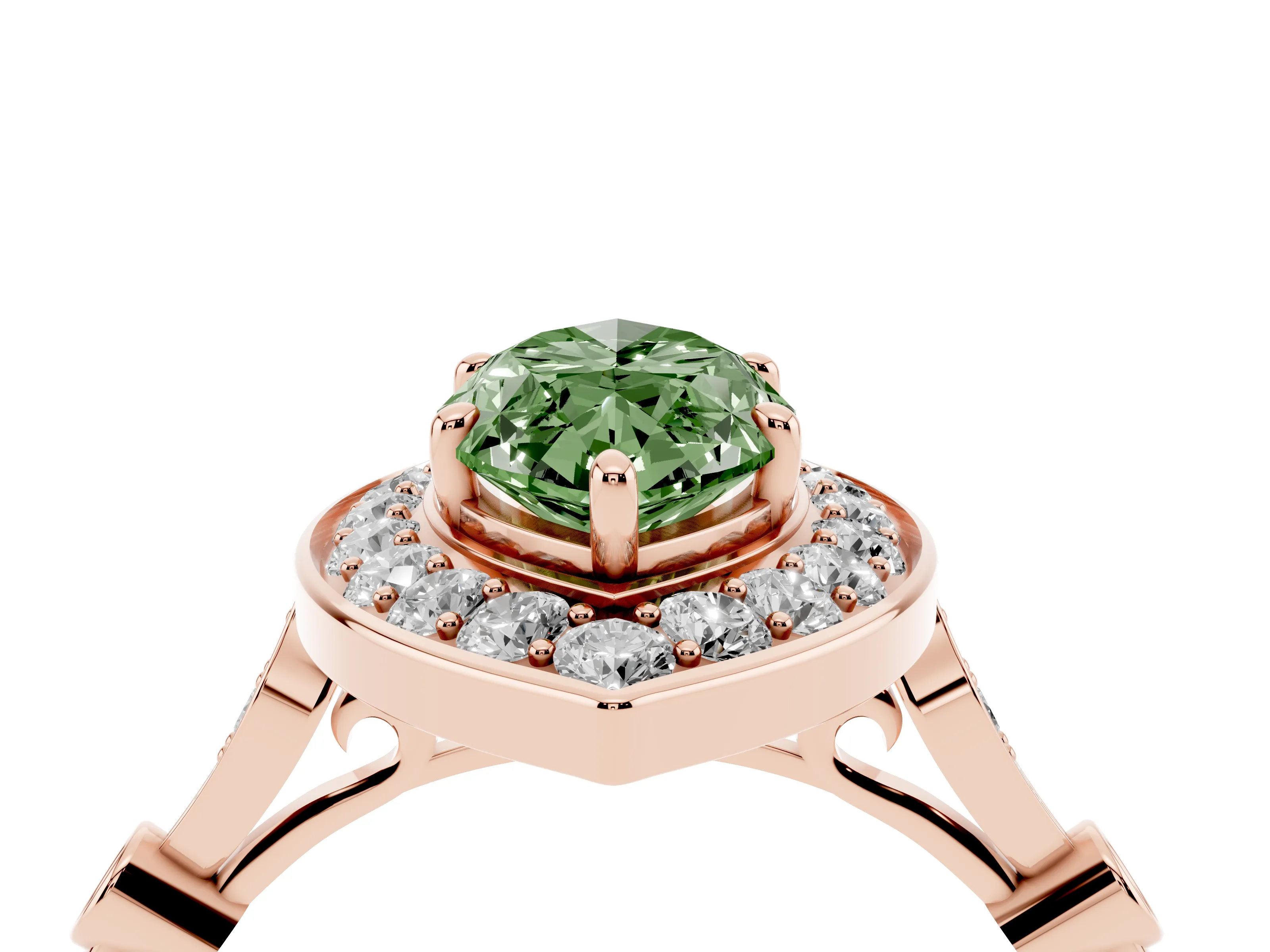 Fancy Green Marquise Cut Diamond Halo Engagement Ring Set in Rose gold with Twisted Band and Prong Setting