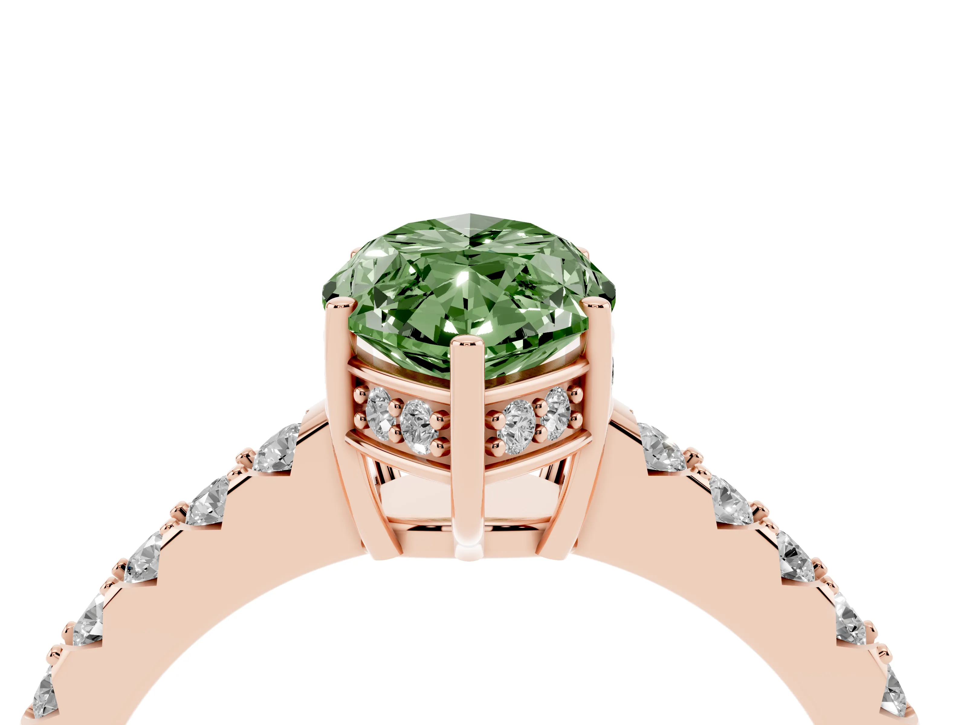 Fancy Green Marquise Cut Diamond Solitaire Engagement Ring Set in Rose gold with Pavé Band and Prong Setting