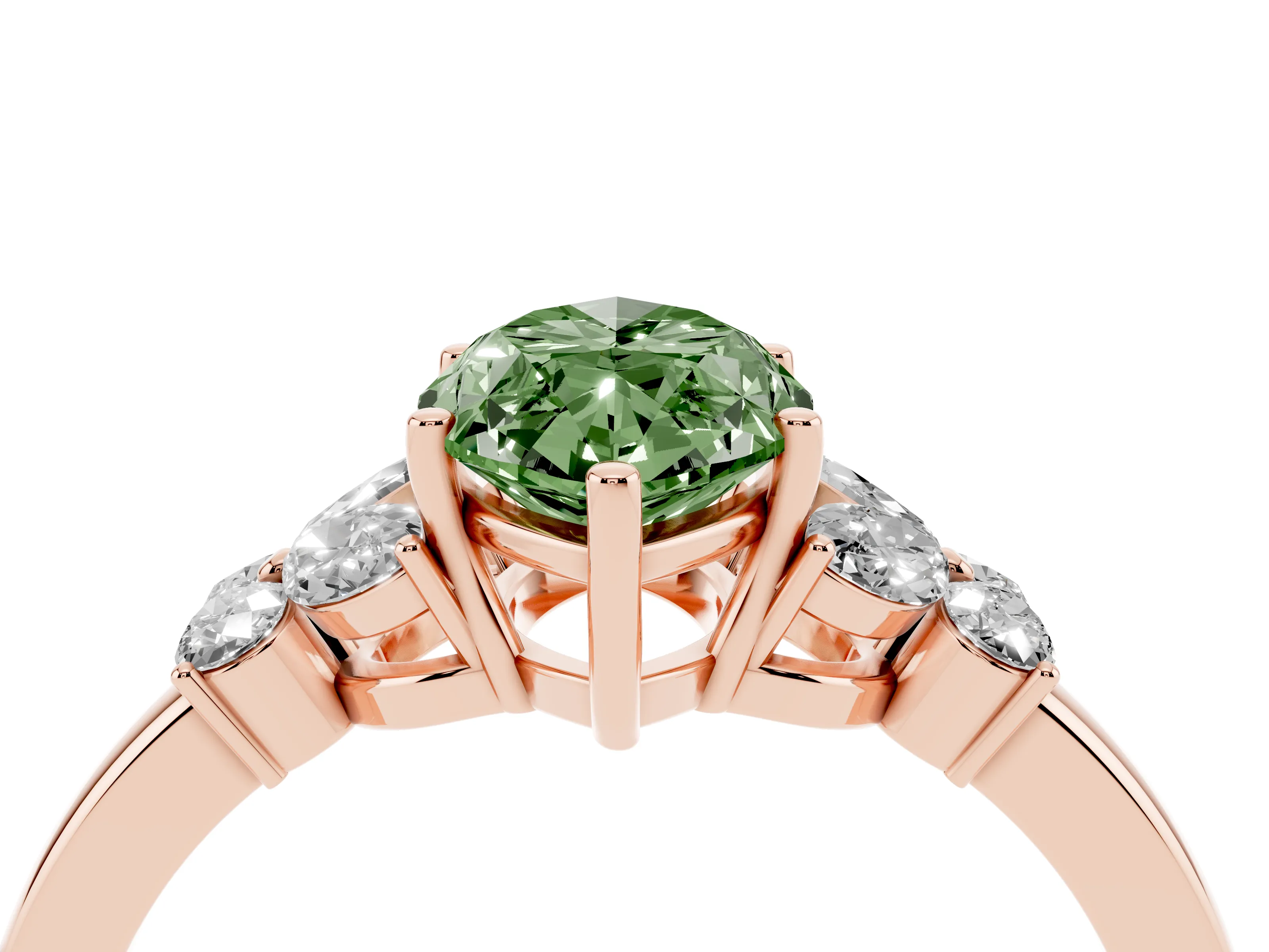 Fancy Green Marquise Cut Diamond Solitaire Floral Ring Set in Rose gold with Marquise Petals and Prong Setting