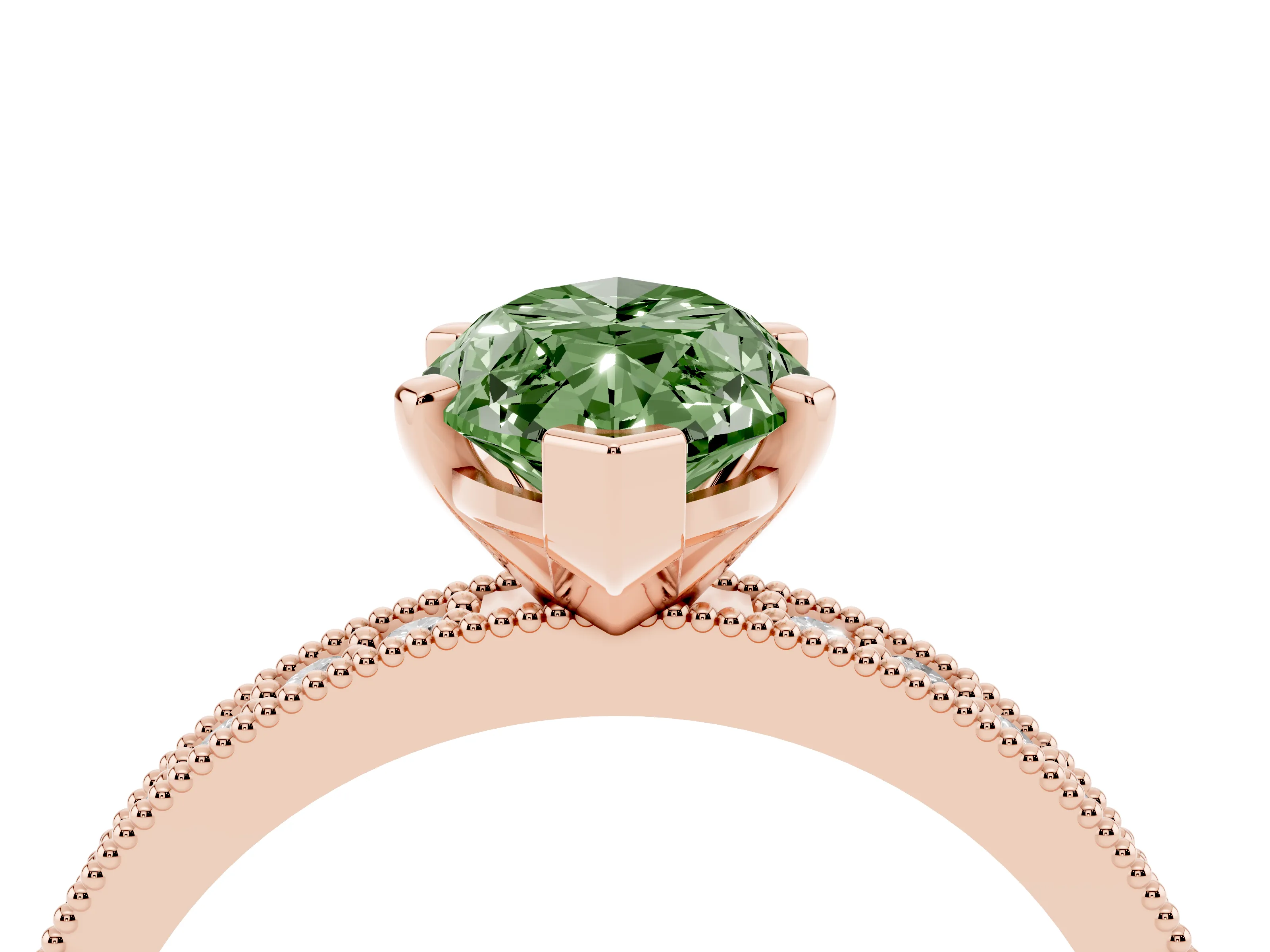Fancy Green Marquise Cut Diamond Milgrain Pavé Engagement Ring Set in Rose gold with Prong Setting