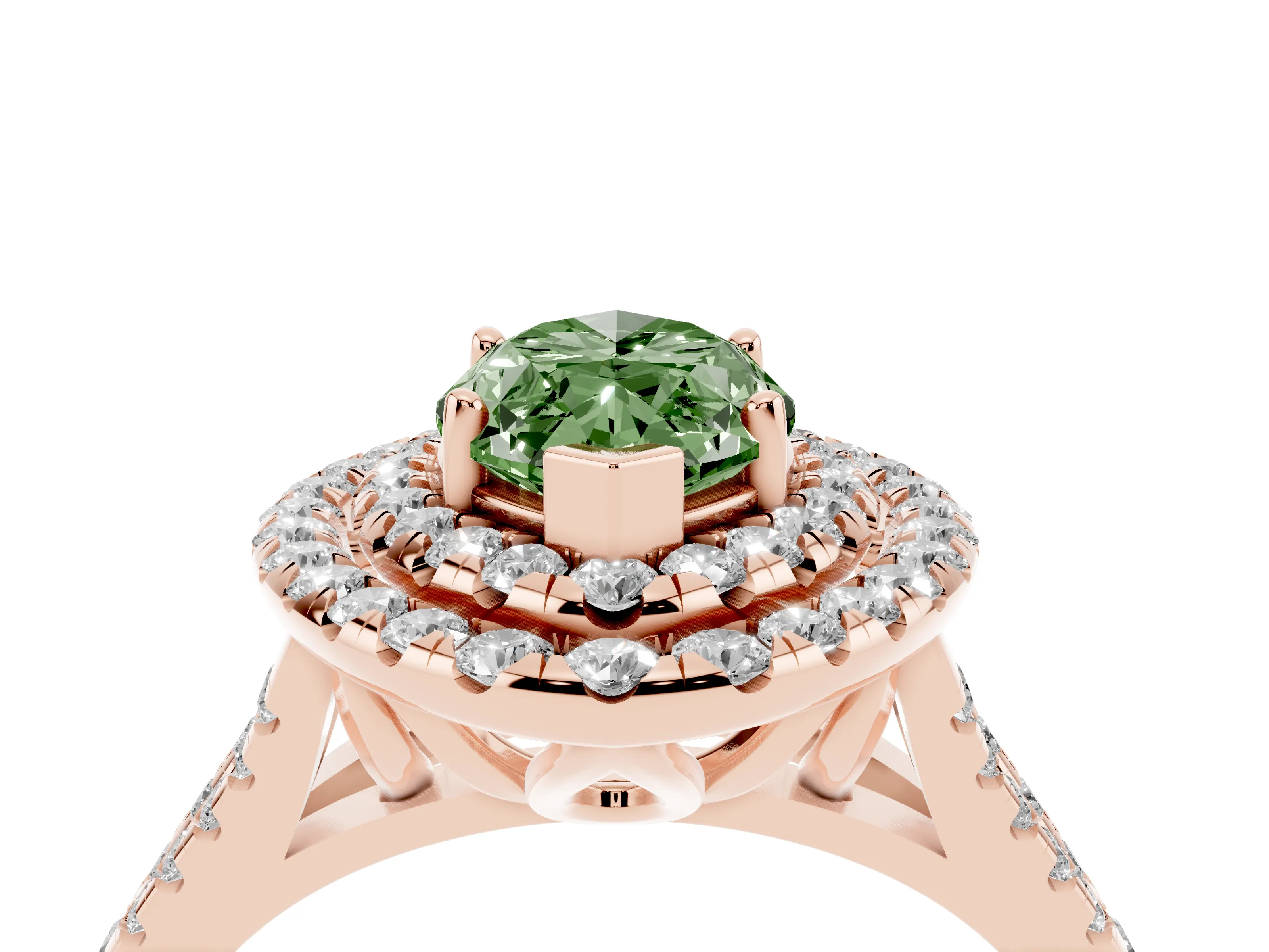 Fancy Green Marquise Cut Diamond Double Halo Ring Set in Rose gold with Pavé Split Shank and Prong Setting
