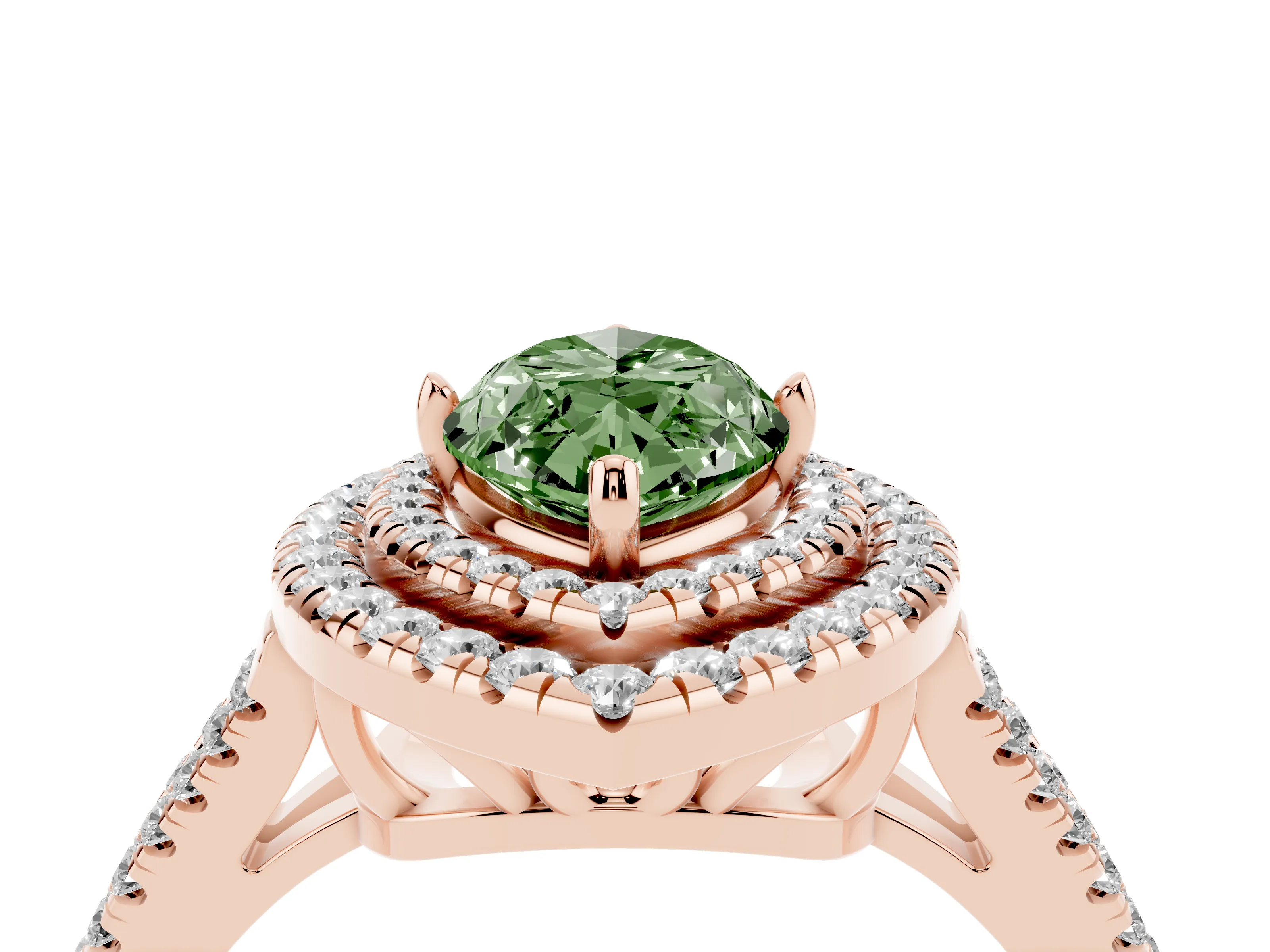 Fancy Green Marquise Cut Diamond Double Halo Ring Set in Rose gold with Pavé Band