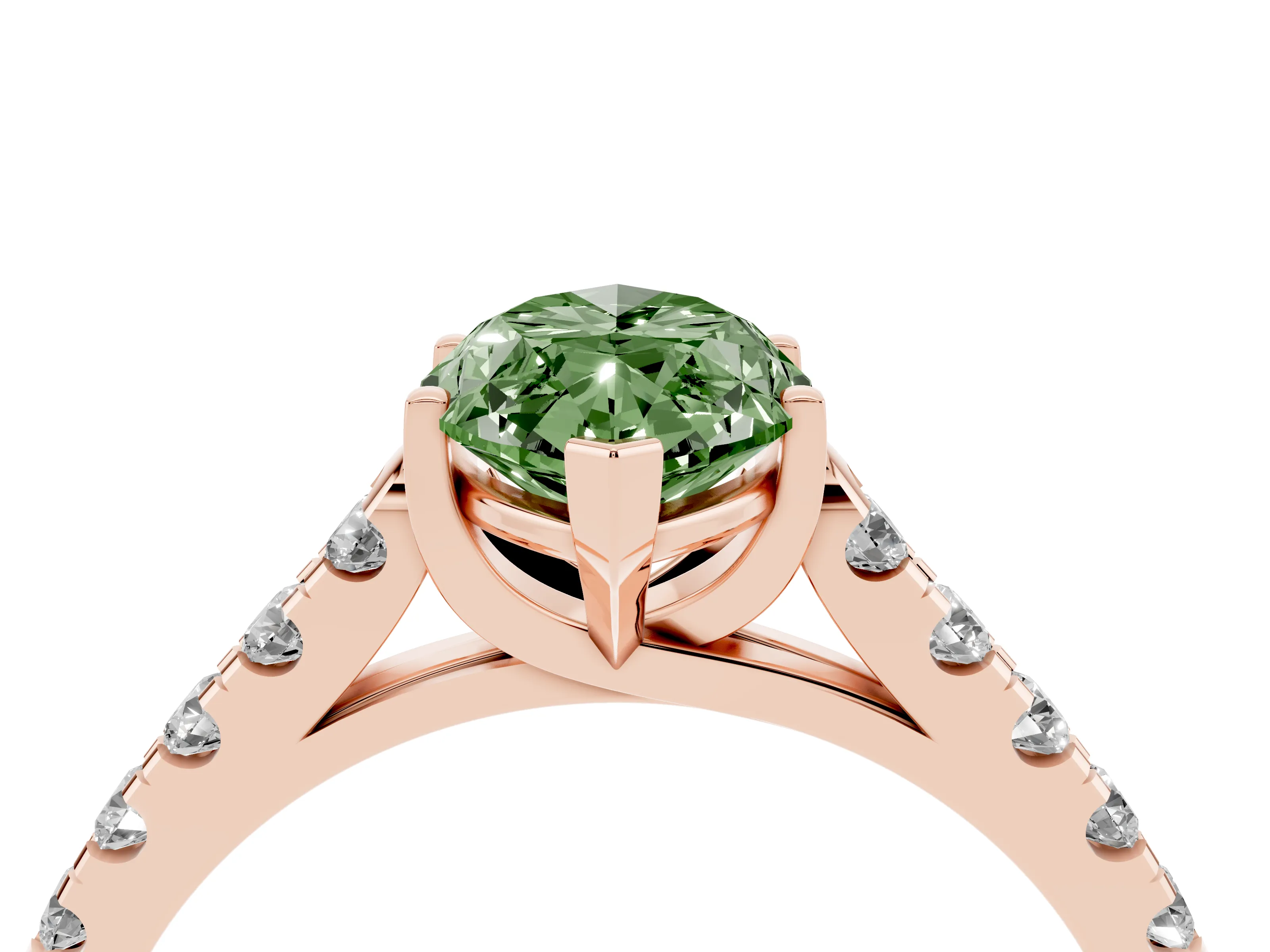 Fancy Green Marquise Cut Diamond Pavé Band Solitaire Ring Set in Rose gold with Partway Accent Stones and Prong Setting