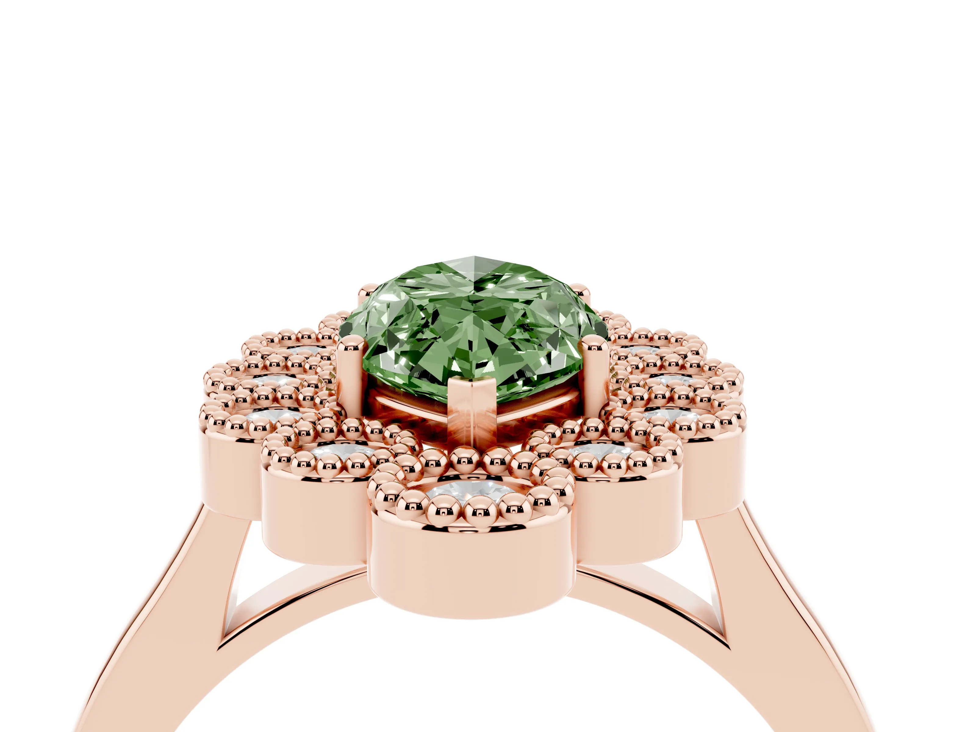 Fancy Green Marquise Cut Diamond Cluster Halo Ring Set in Rose gold with Milgrain Bezel Accents and Plain Band