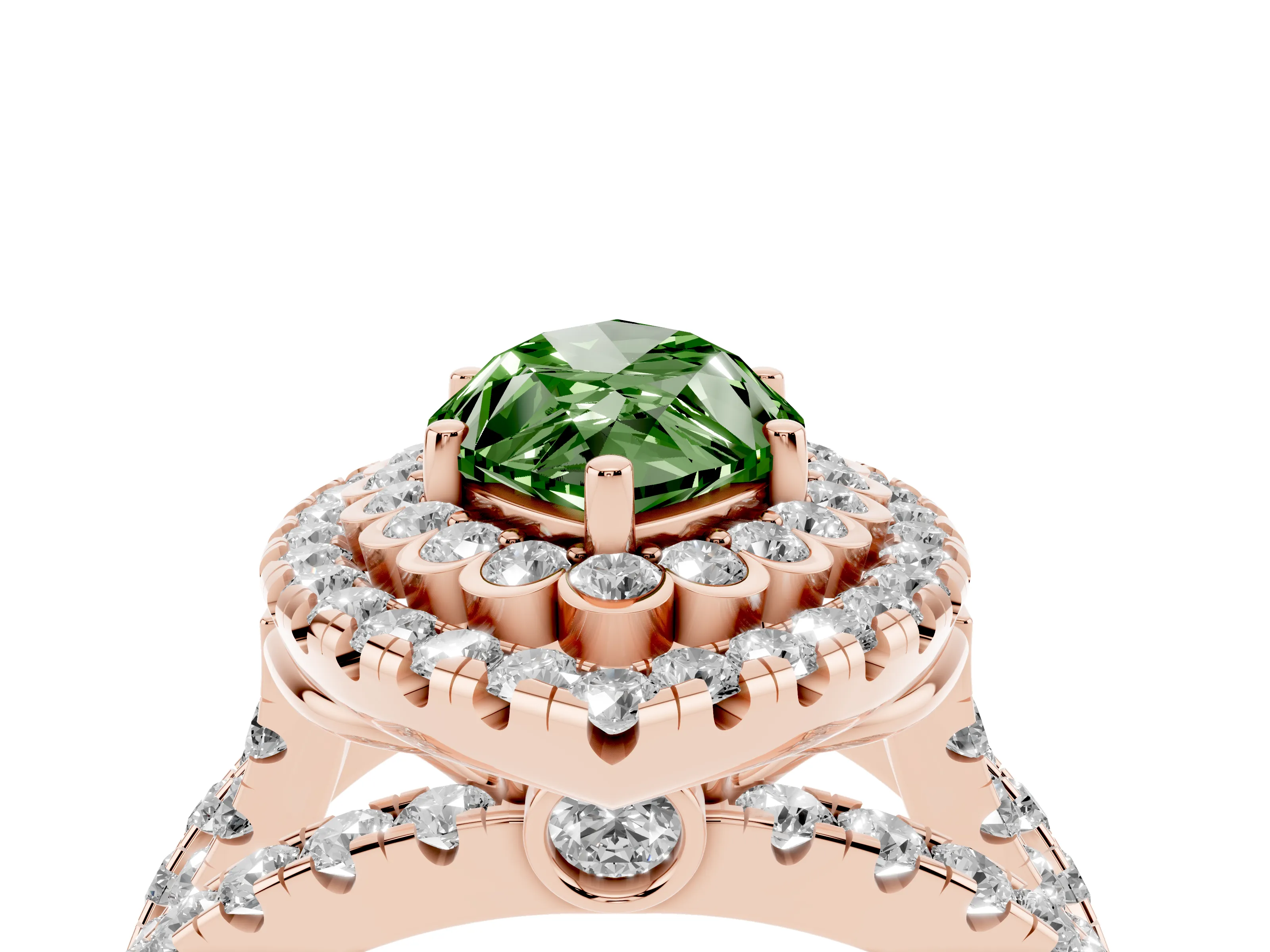 Fancy Green Marquise Cut Diamond Double Halo Ring Set in Rose gold with Round Pavé Split Shank