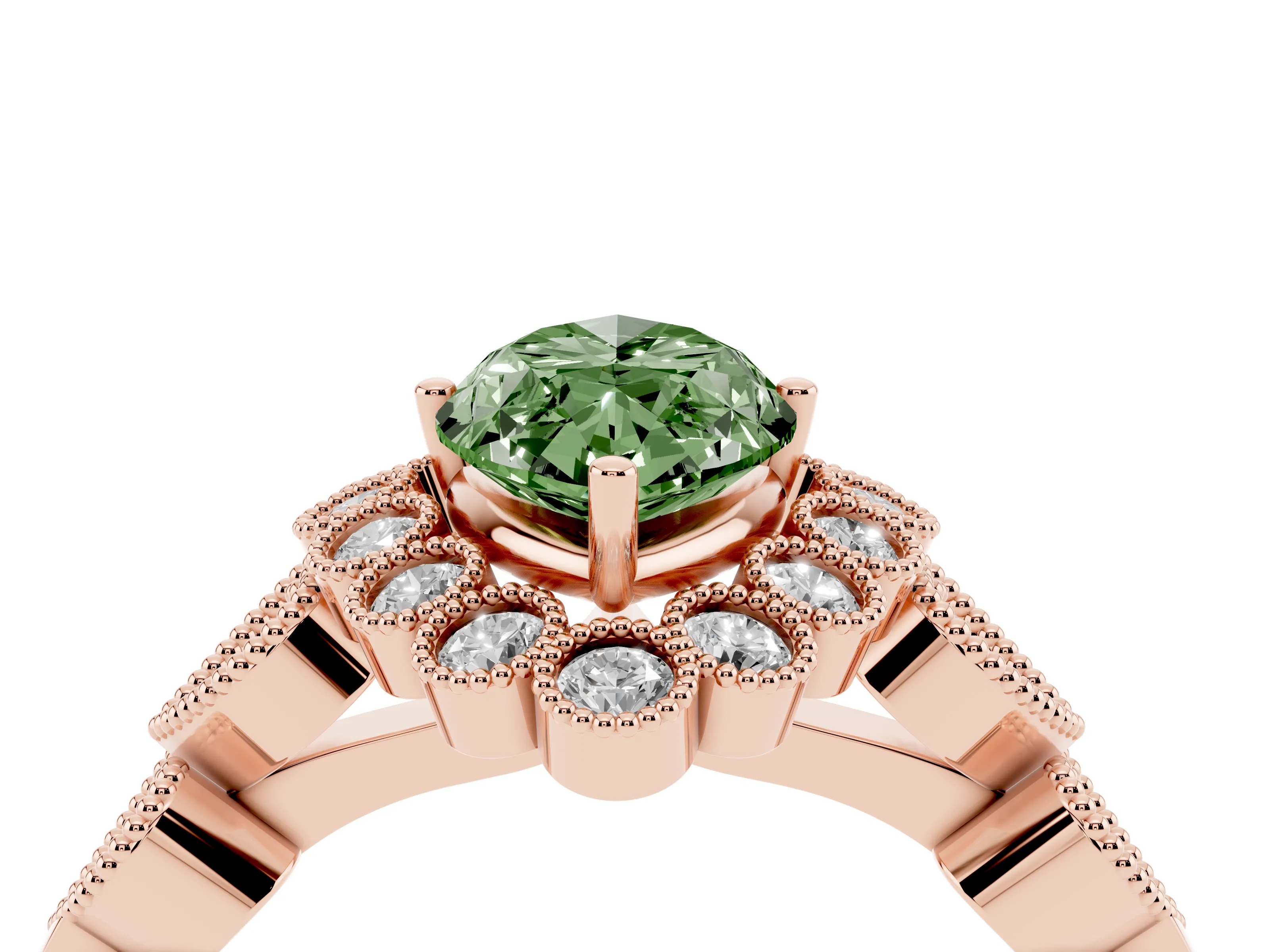 Fancy Green Marquise Cut Diamond Solitaire Ring Set in Rose gold with Milgrain Pavé Heart Band