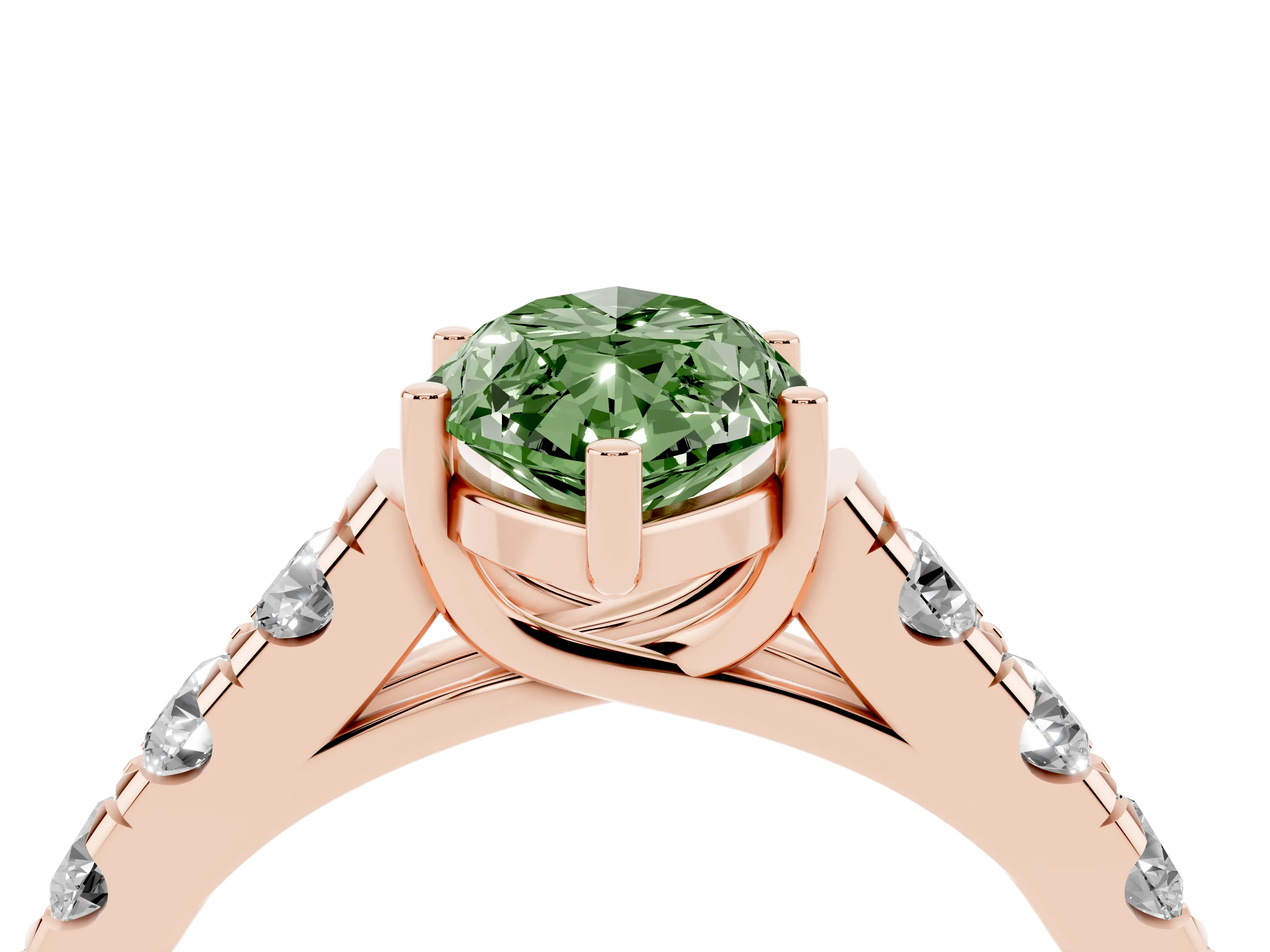 Fancy Green Marquise Cut Diamond Solitaire Ring Set in Rose gold with Cut-Down Micro Pavé Band and Prong Setting